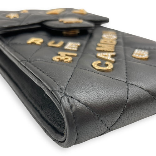 Rue Cambon Black Phone Holder with Chain in Lambskin, Gold hardware