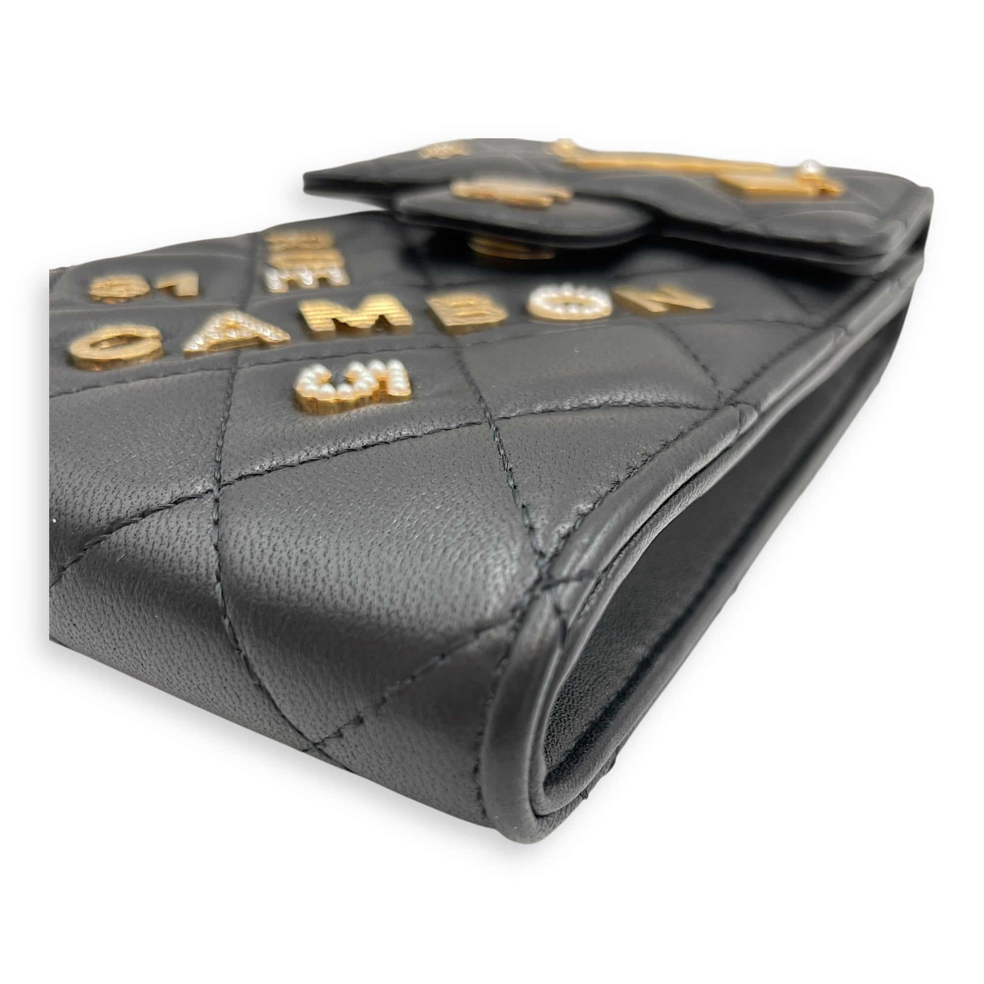 Rue Cambon Black Phone Holder with Chain in Lambskin, Gold hardware