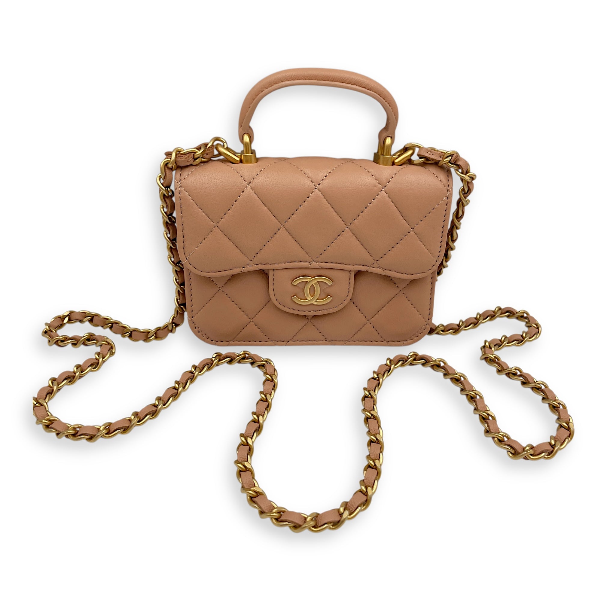 Quilted Top Handle Flap Mini Beige Coin Purse with Chain in Lambskin, Gold hardware