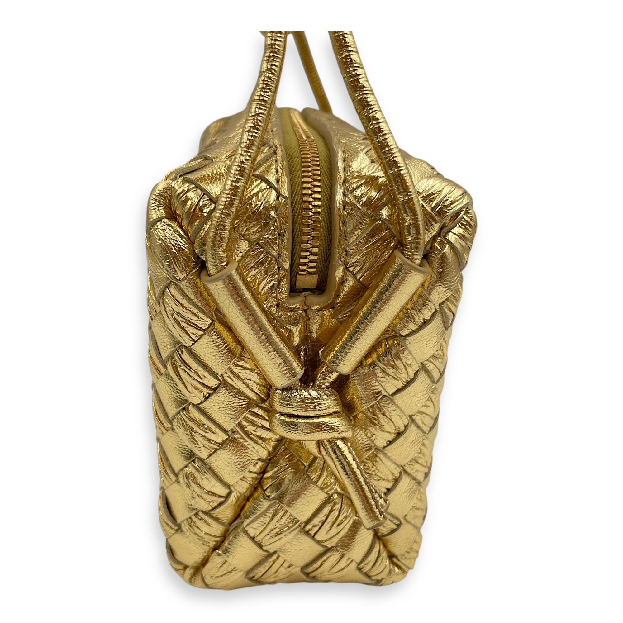 Long Loop Mini Metallic Gold Camera Bag in Intrecciato