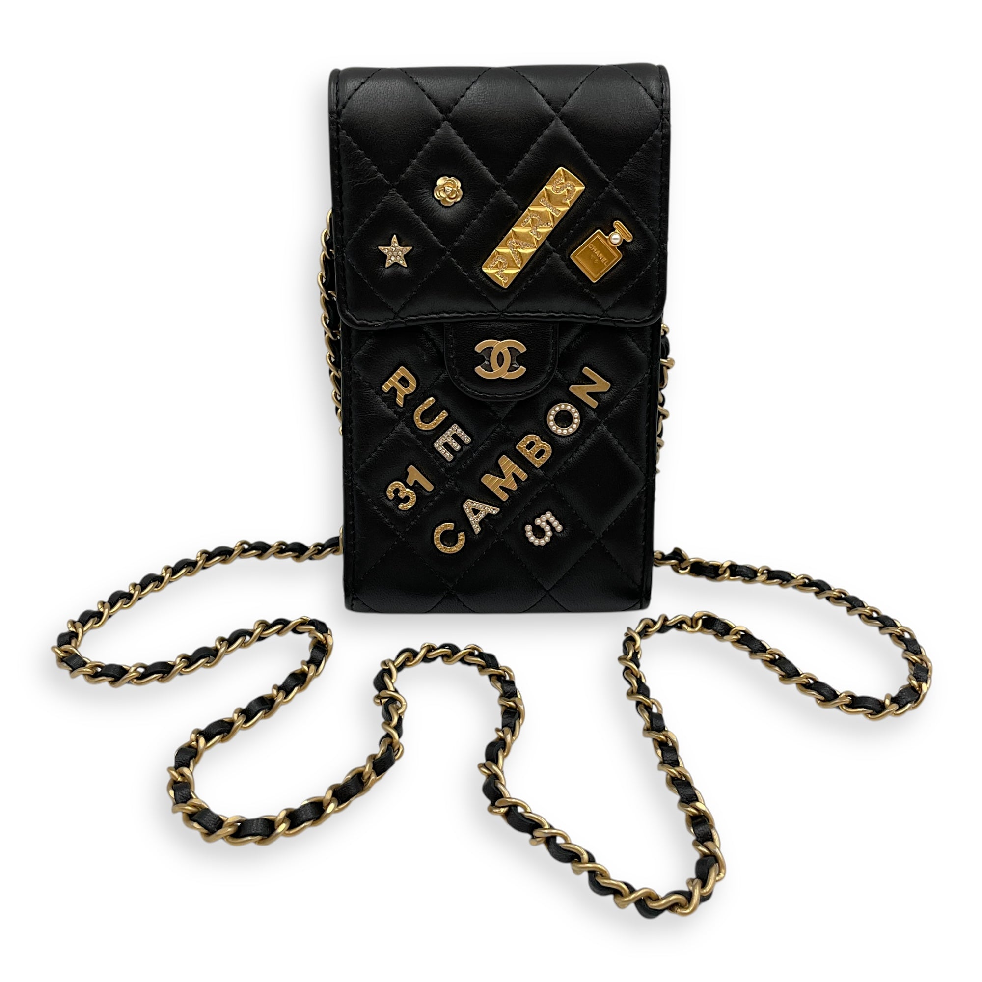 Rue Cambon Black Phone Holder with Chain in Lambskin, Gold hardware