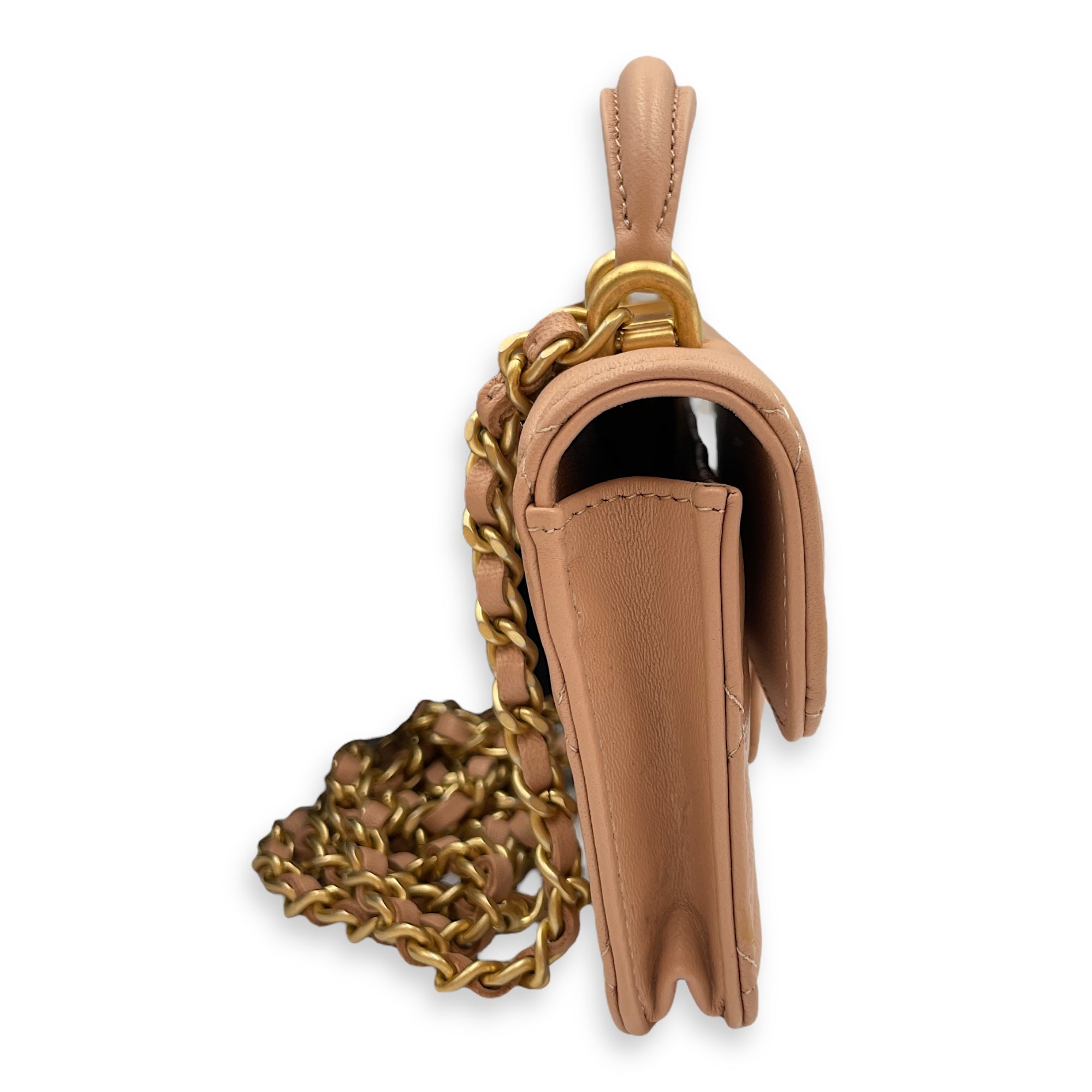 Quilted Top Handle Flap Mini Beige Coin Purse with Chain in Lambskin, Gold hardware