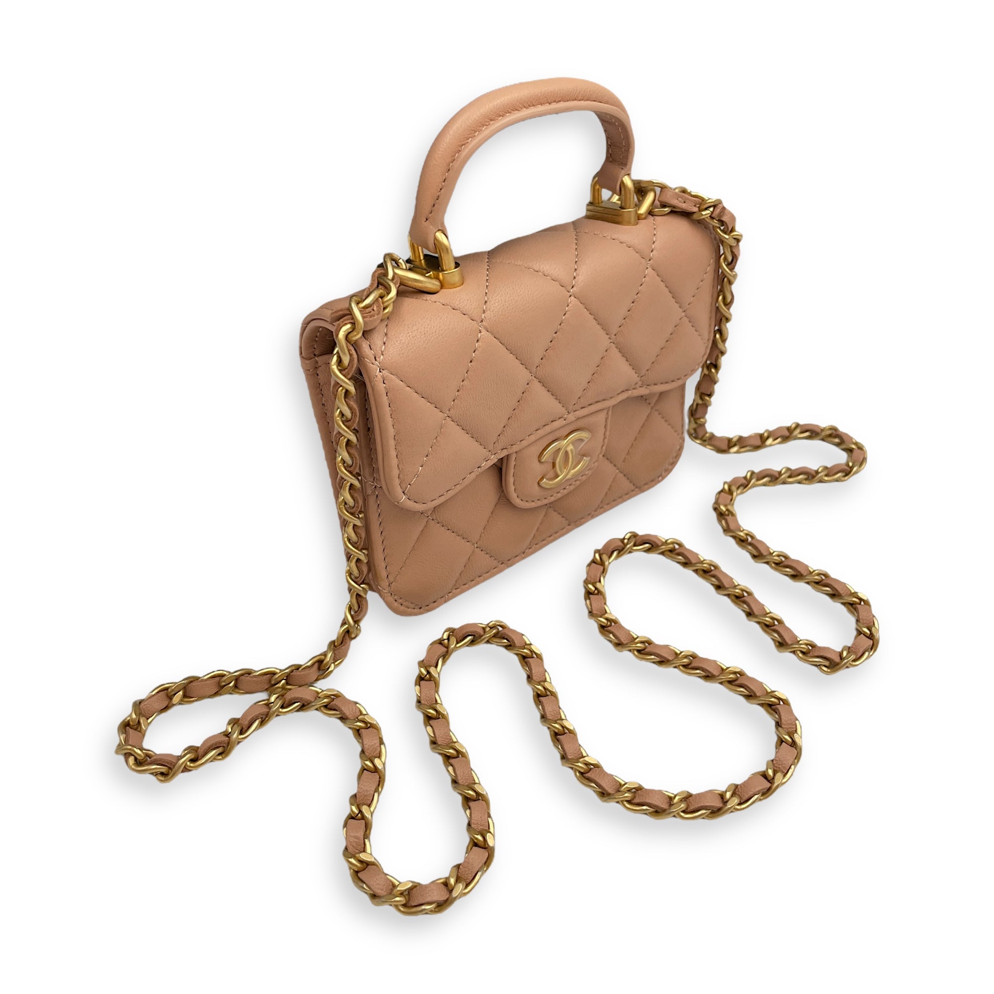 Quilted Top Handle Flap Mini Beige Coin Purse with Chain in Lambskin, Gold hardware
