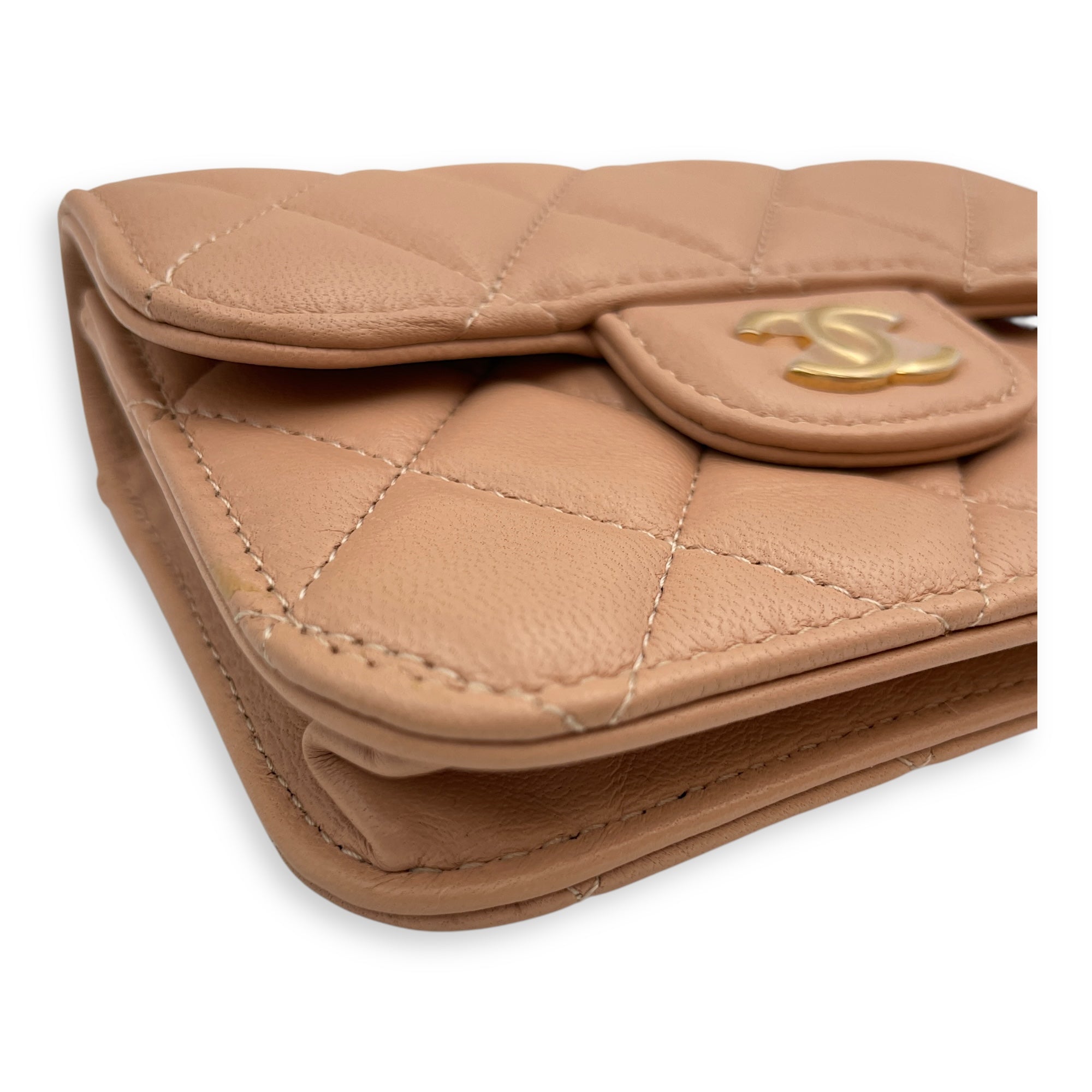 Quilted Top Handle Flap Mini Beige Coin Purse with Chain in Lambskin, Gold hardware