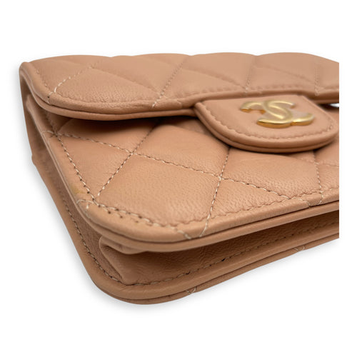 Quilted Top Handle Flap Mini Beige Coin Purse with Chain in Lambskin, Gold hardware