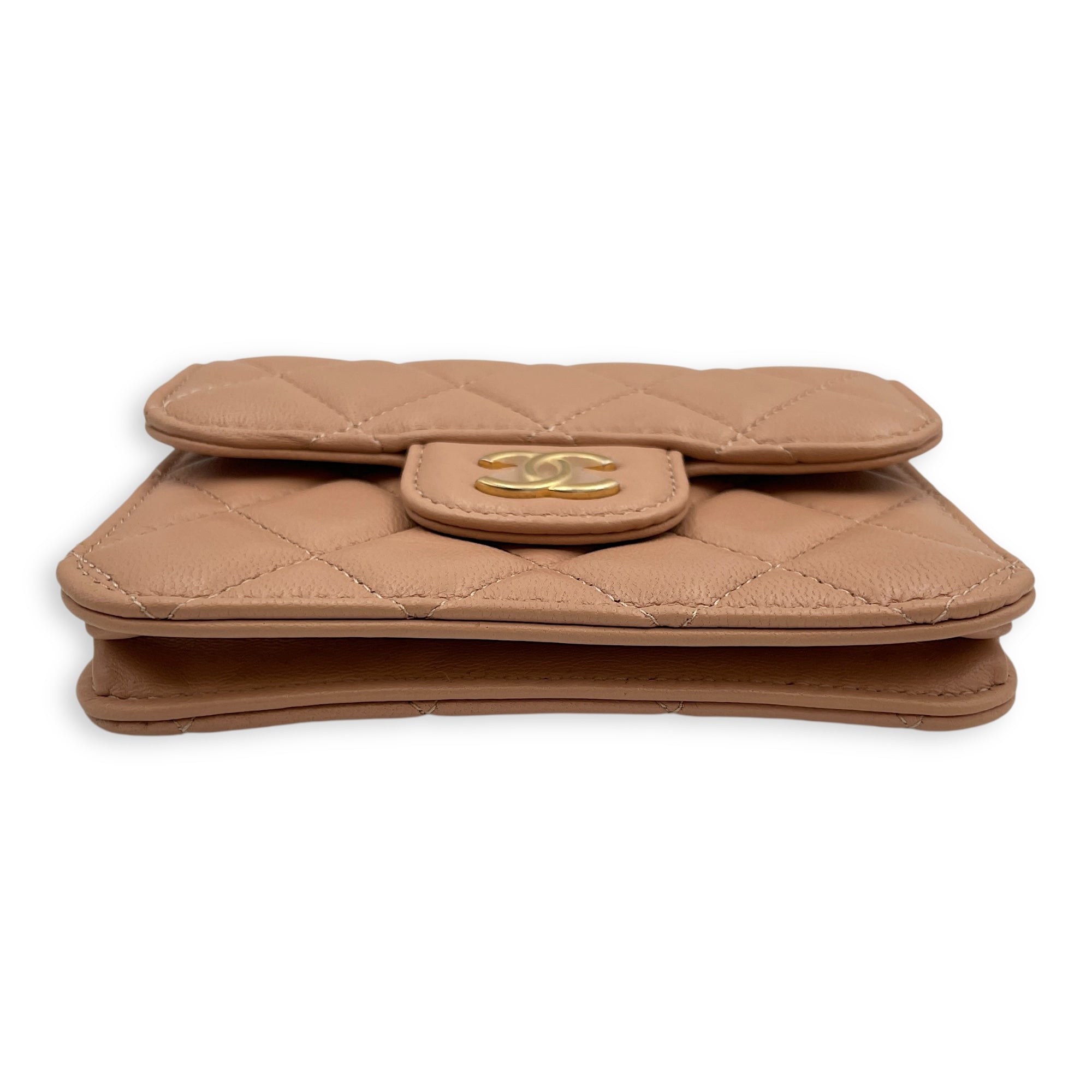 Quilted Top Handle Flap Mini Beige Coin Purse with Chain in Lambskin, Gold hardware