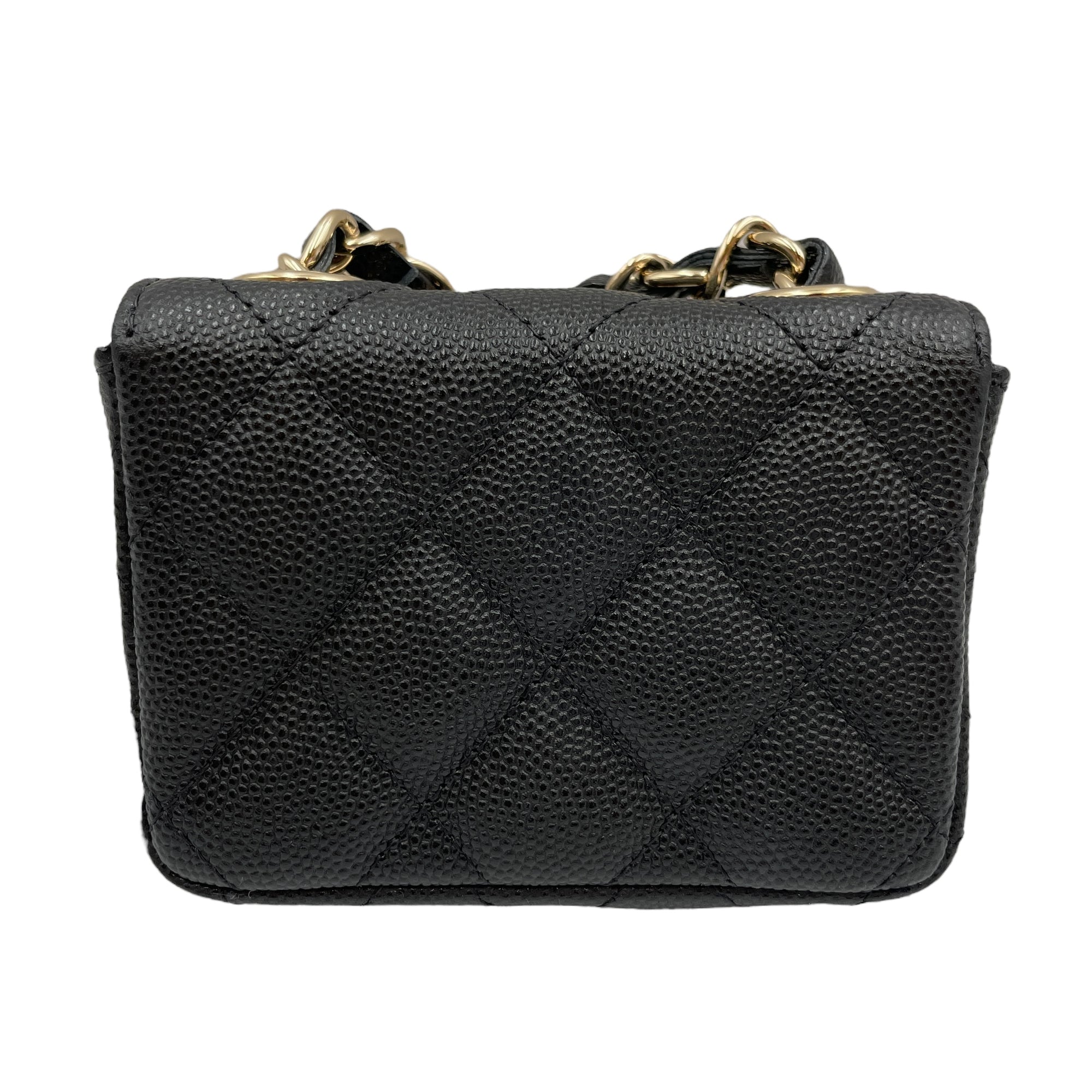 Classic Flap Micro Black Belt Bag with Chain in Caviar Leather, Gold hardware