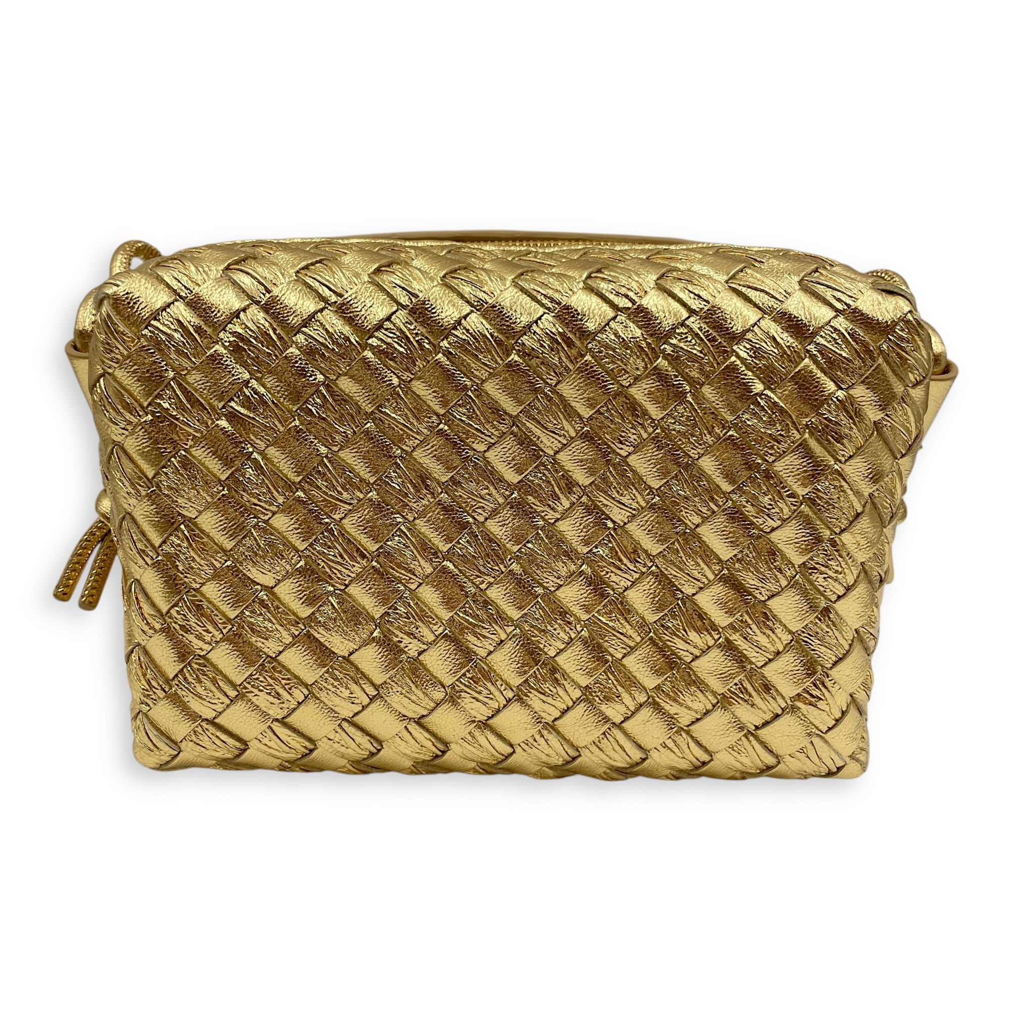 Long Loop Mini Metallic Gold Camera Bag in Intrecciato
