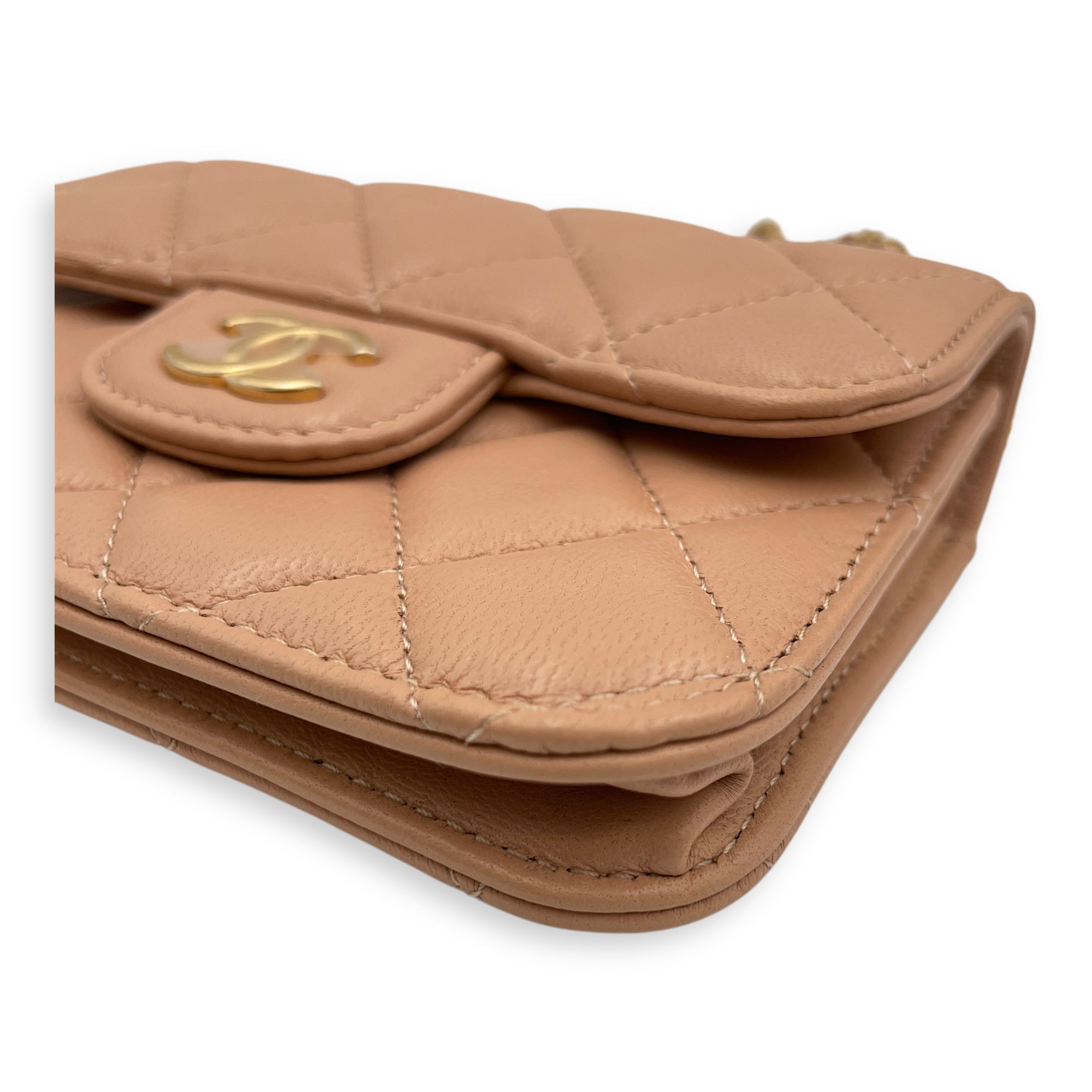 Quilted Top Handle Flap Mini Beige Coin Purse with Chain in Lambskin, Gold hardware