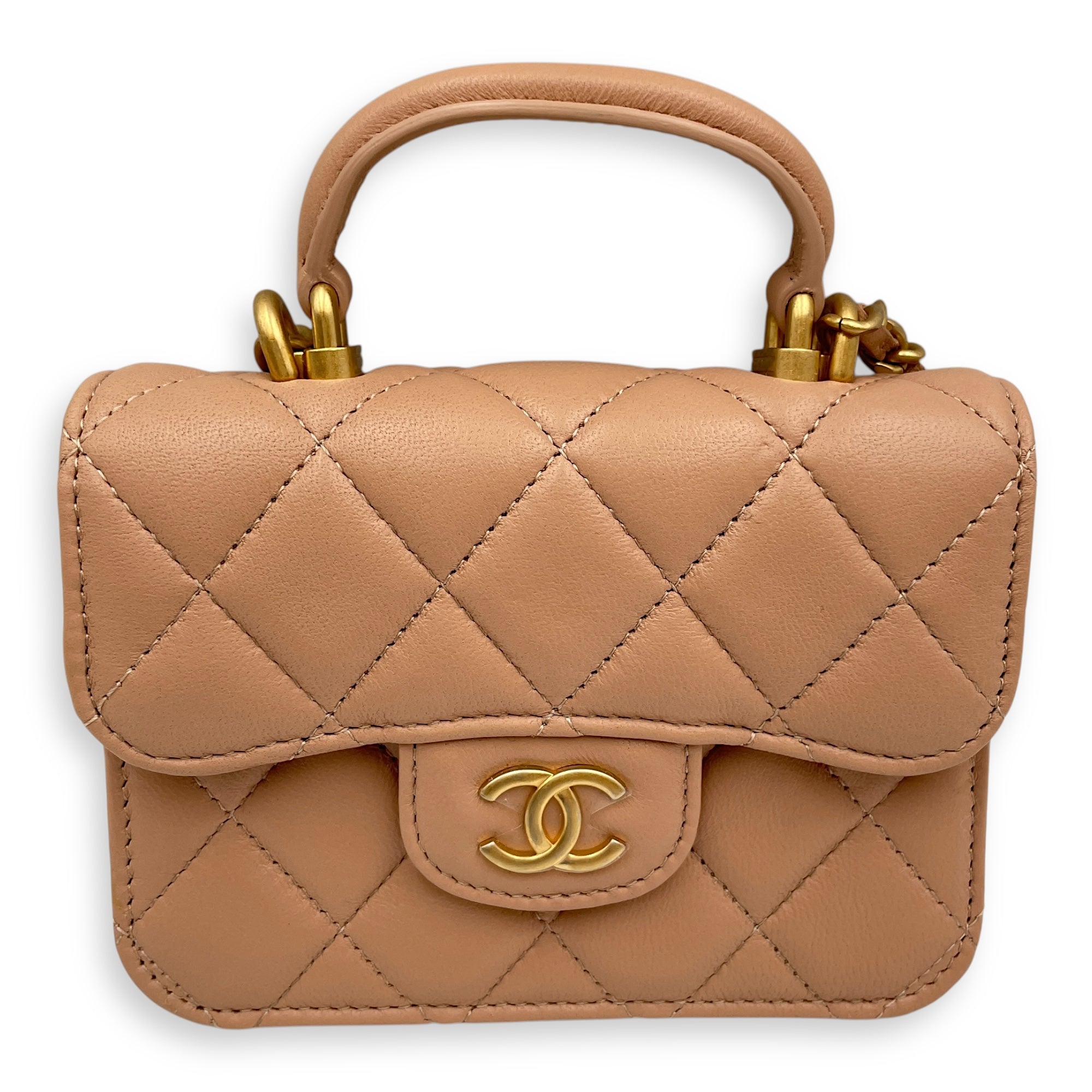Quilted Top Handle Flap Mini Beige Coin Purse with Chain in Lambskin, Gold hardware
