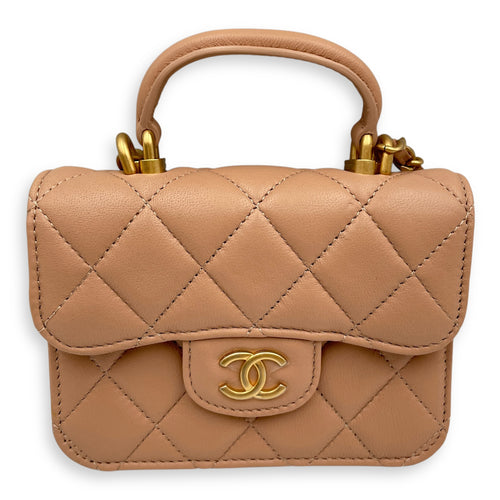 Quilted Top Handle Flap Mini Beige Coin Purse with Chain in Lambskin, Gold hardware
