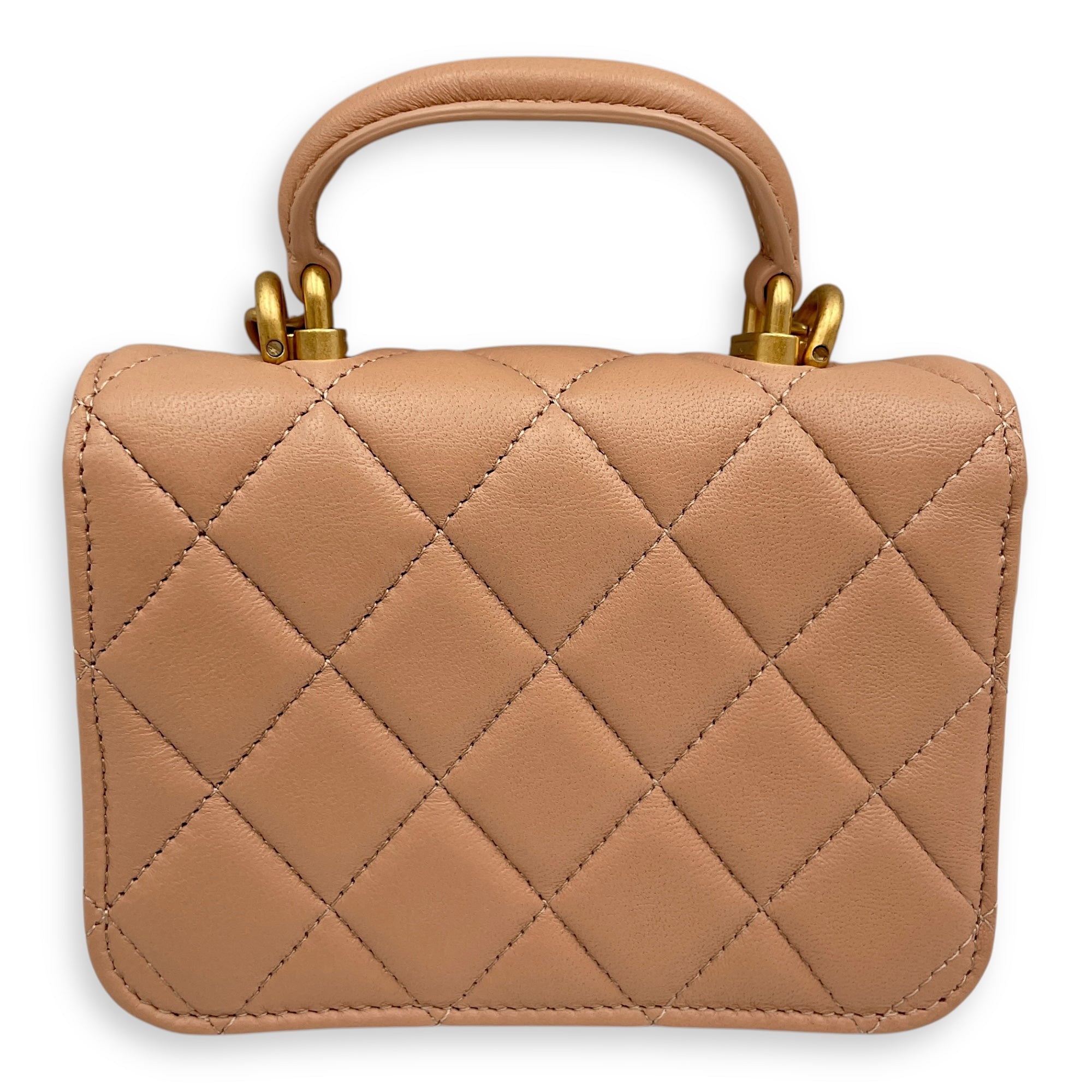 Quilted Top Handle Flap Mini Beige Coin Purse with Chain in Lambskin, Gold hardware
