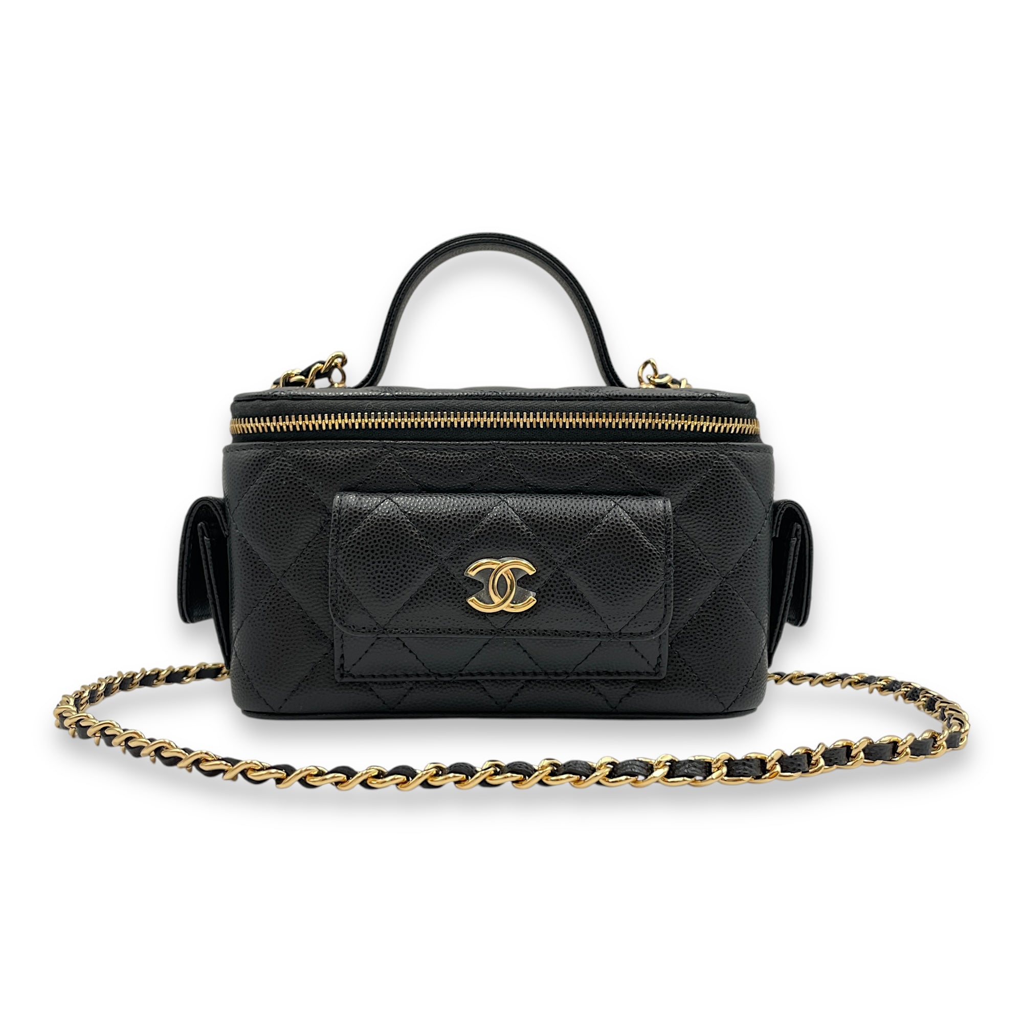 Quilted CC Vanity Black Crossbody Bag in Caviar Leather, Gold hardware