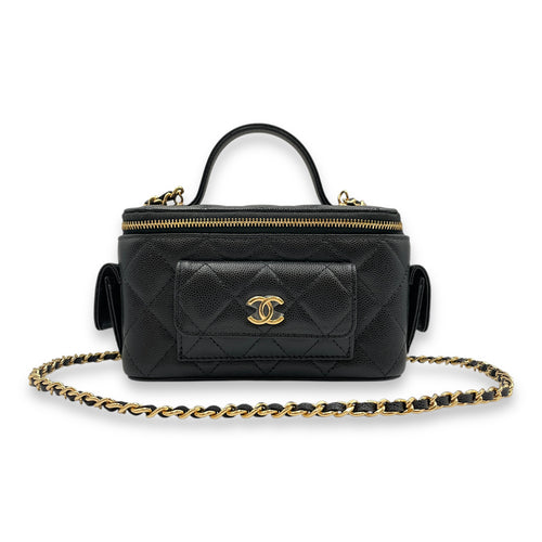 Quilted CC Vanity Black Crossbody Bag in Caviar Leather, Gold hardware
