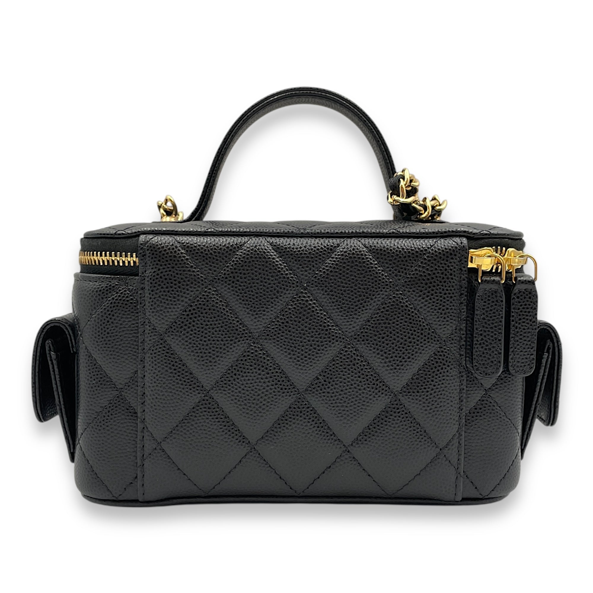 Quilted CC Vanity Black Crossbody Bag in Caviar Leather, Gold hardware