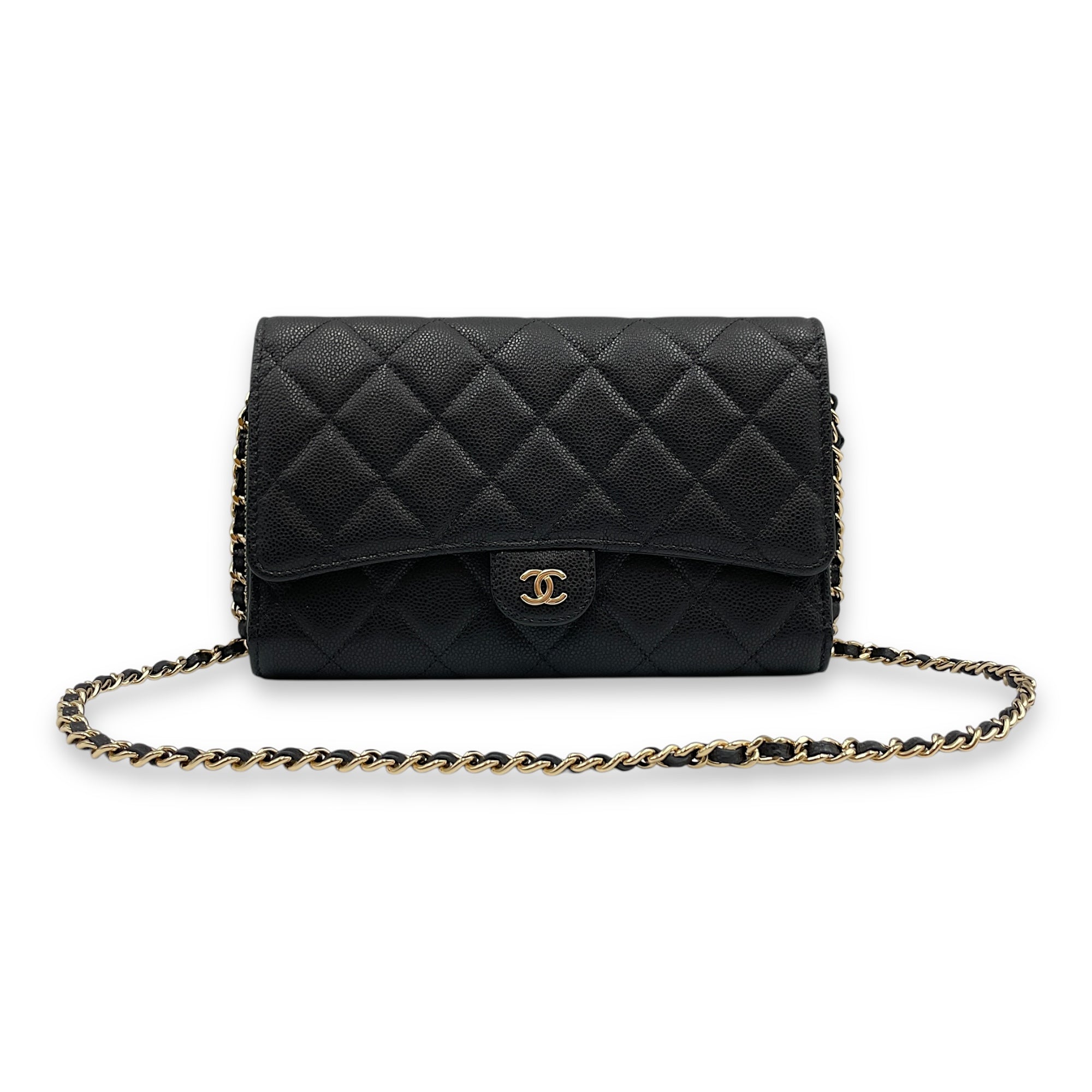 CC long purse & phone holder Black Crossbody Bag in Caviar Leather, Gold hardware