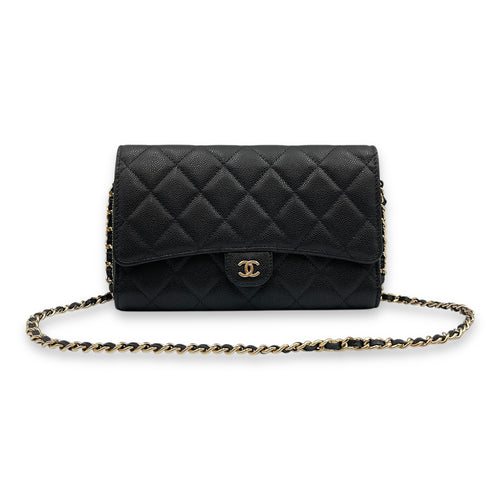 CC long purse & phone holder Black Crossbody Bag in Caviar Leather, Gold hardware