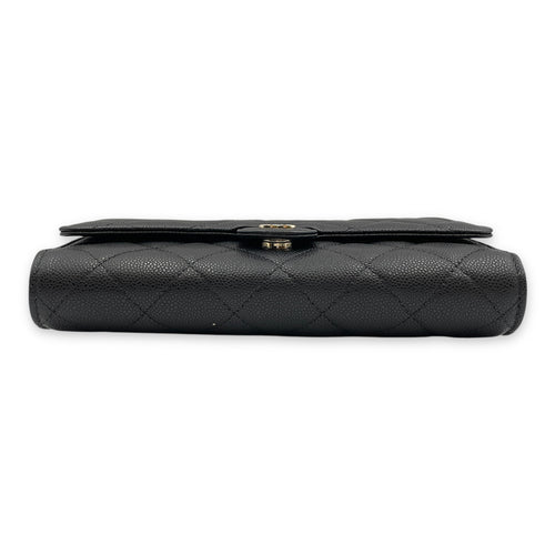 CC long purse & phone holder Black Crossbody Bag in Caviar Leather, Gold hardware