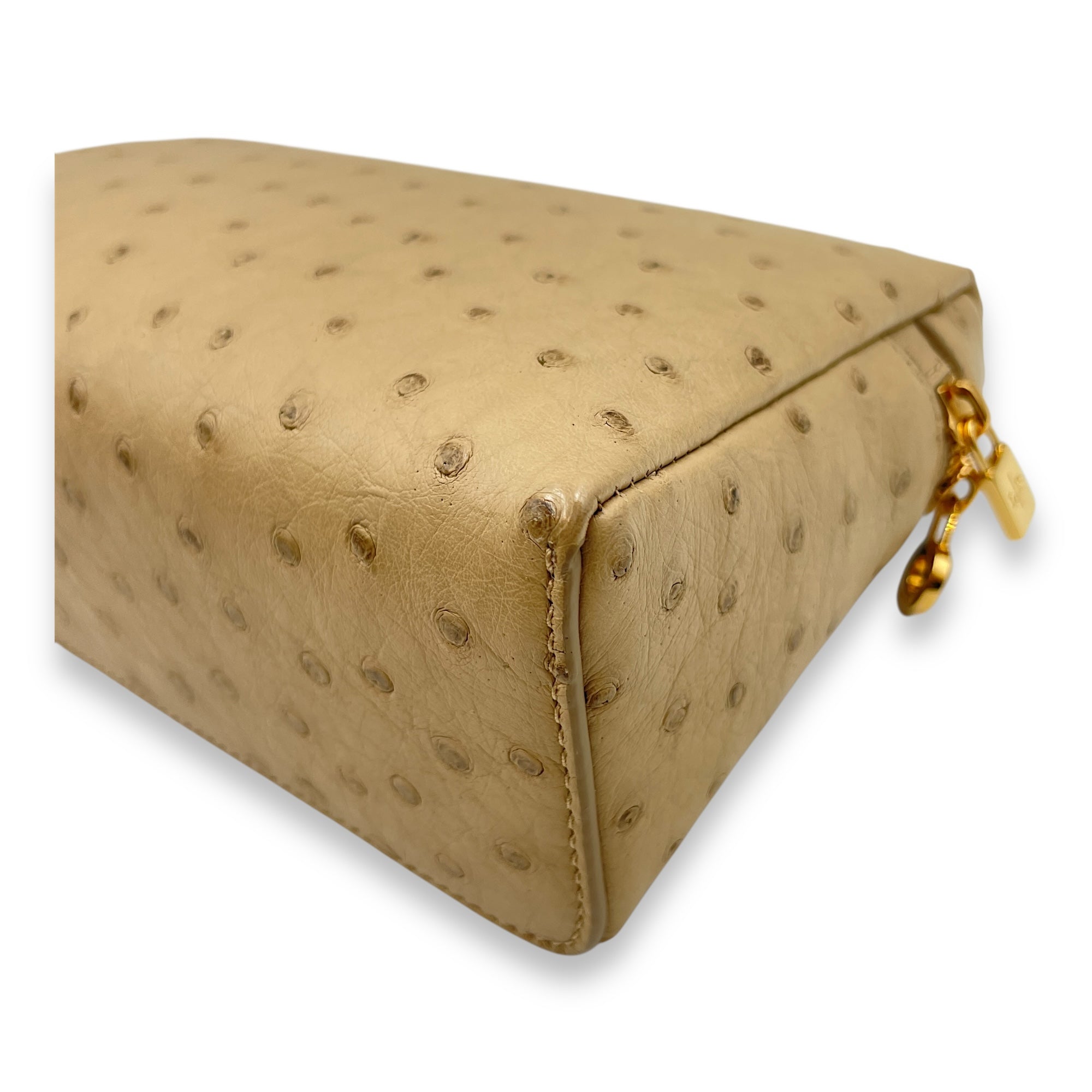 Extra Pocket 19 Beige Top Handle Bag in Ostrich, Gold hardware