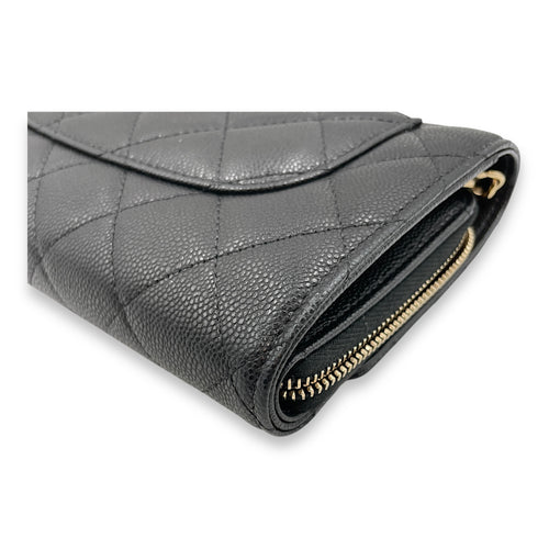 CC long purse & phone holder Black Crossbody Bag in Caviar Leather, Gold hardware