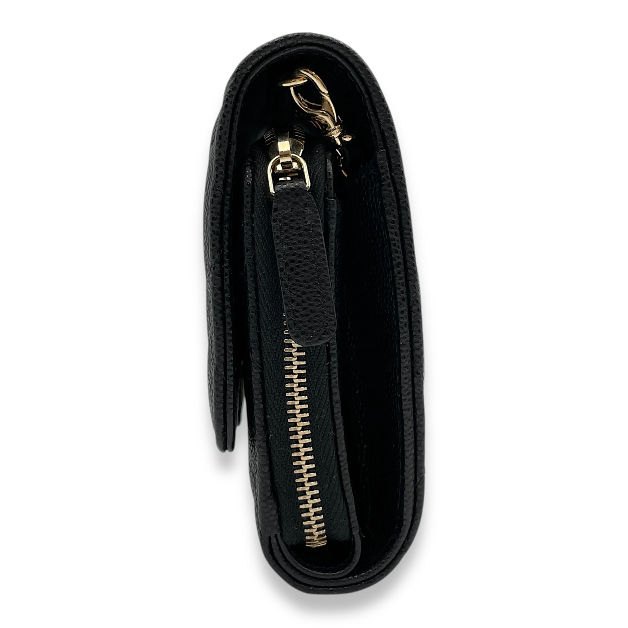 CC long purse & phone holder Black Crossbody Bag in Caviar Leather, Gold hardware