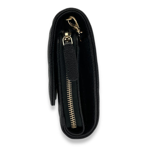 CC long purse & phone holder Black Crossbody Bag in Caviar Leather, Gold hardware
