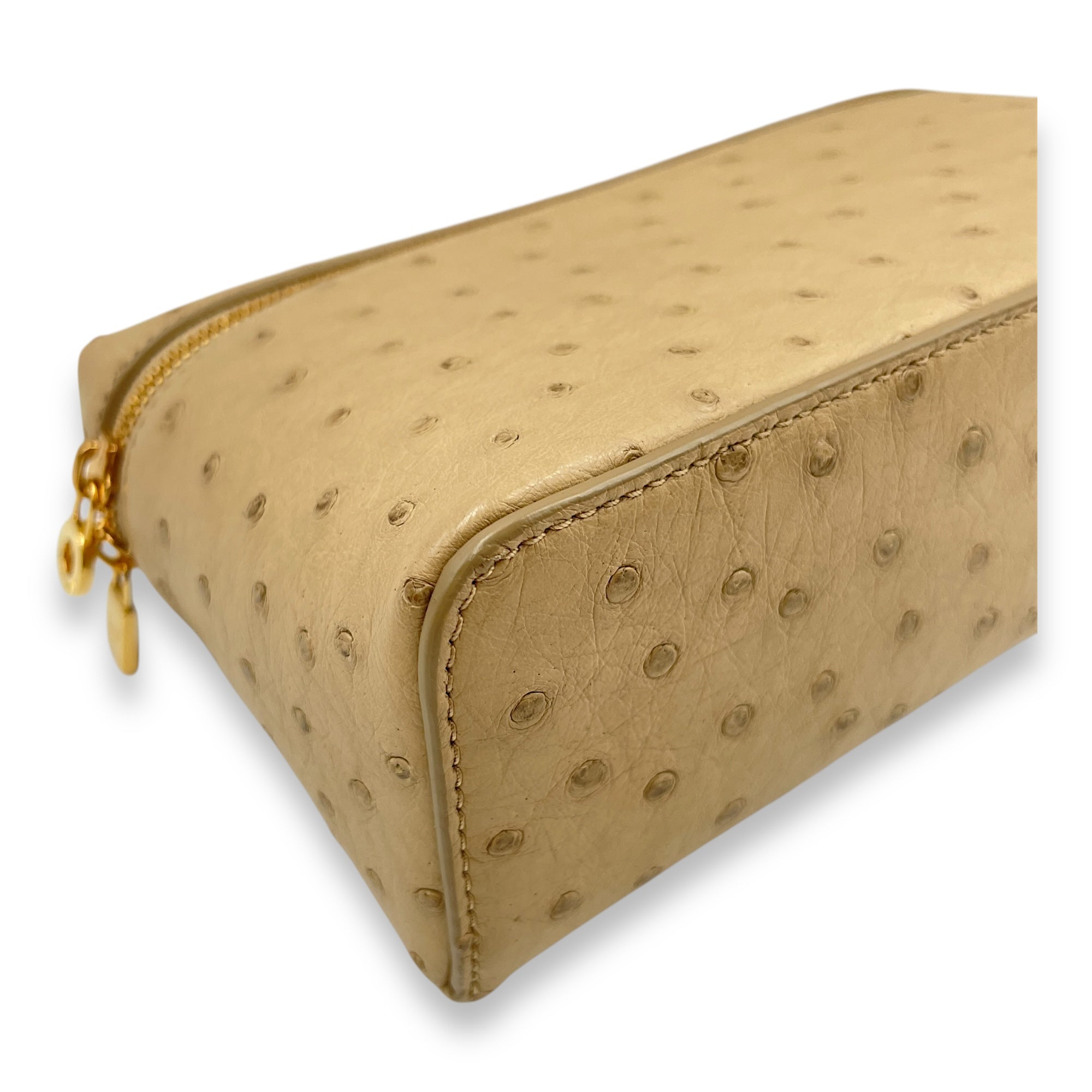 Extra Pocket 19 Beige Top Handle Bag in Ostrich, Gold hardware