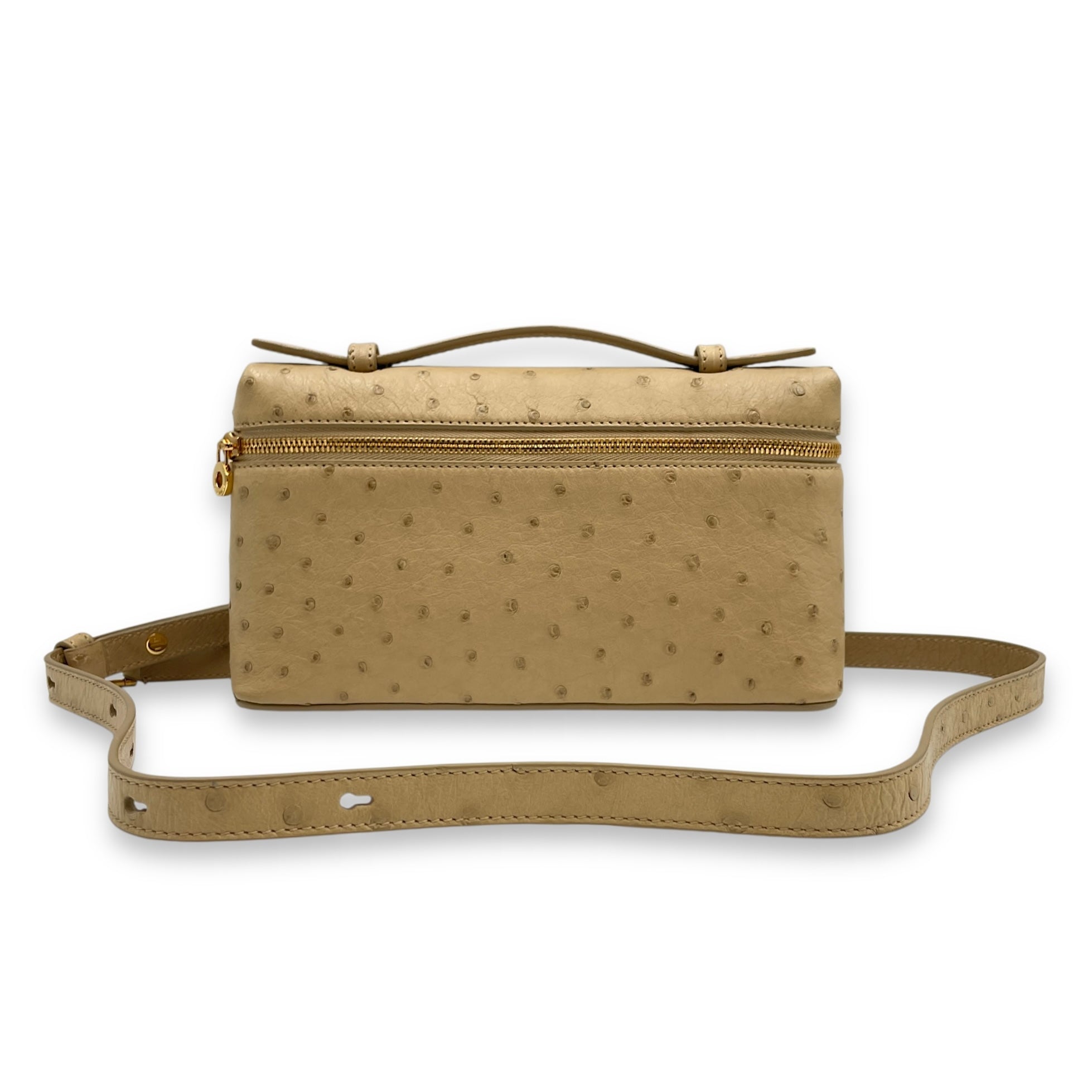 Extra Pocket 19 Beige Top Handle Bag in Ostrich, Gold hardware