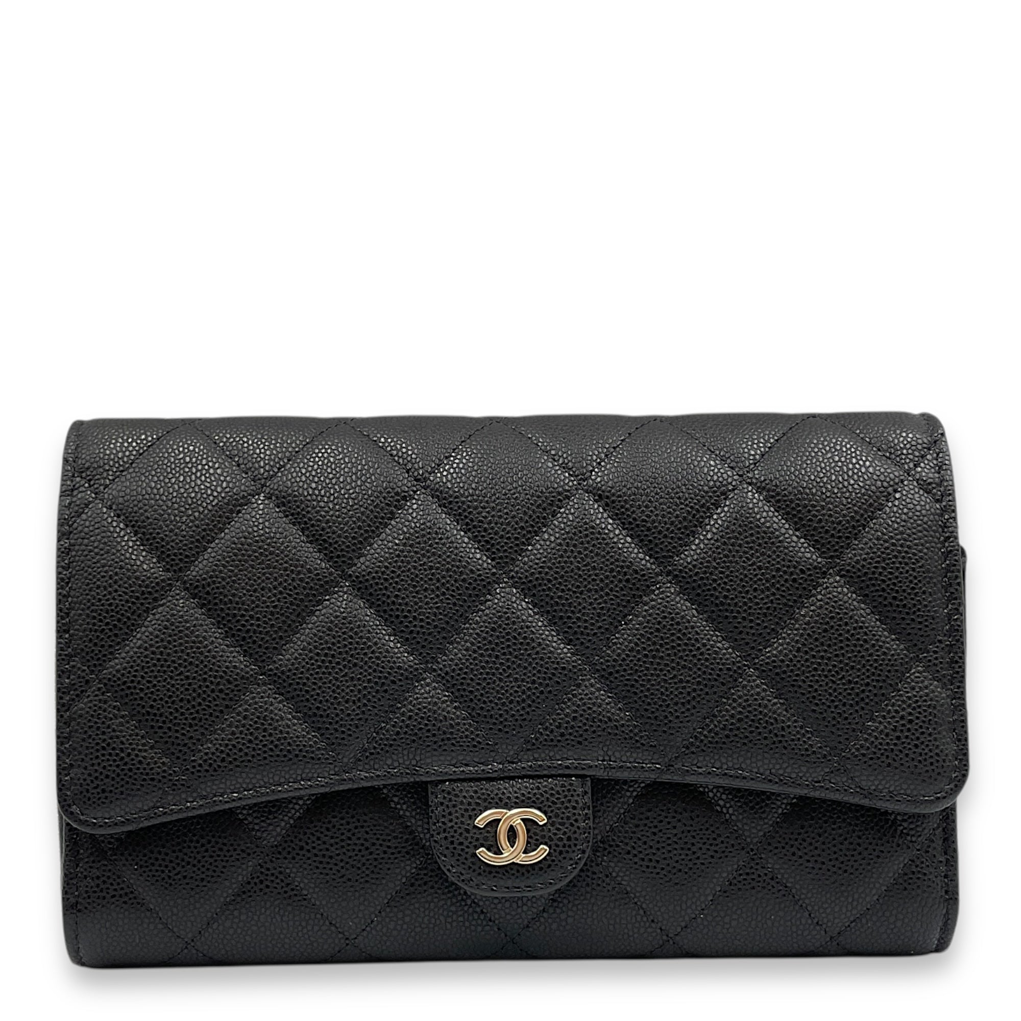 CC long purse & phone holder Black Crossbody Bag in Caviar Leather, Gold hardware