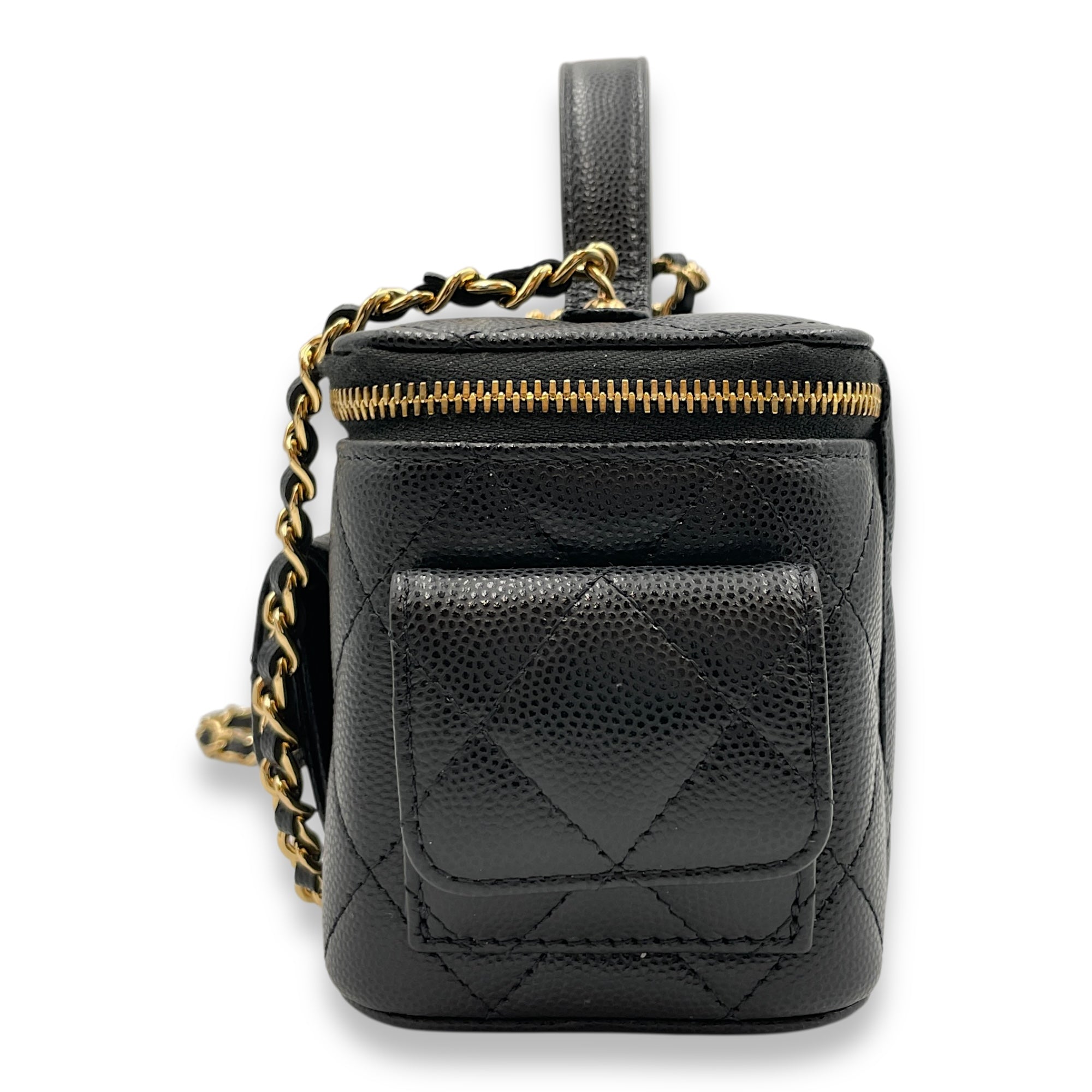 Quilted CC Vanity Black Crossbody Bag in Caviar Leather, Gold hardware