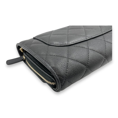 CC long purse & phone holder Black Crossbody Bag in Caviar Leather, Gold hardware