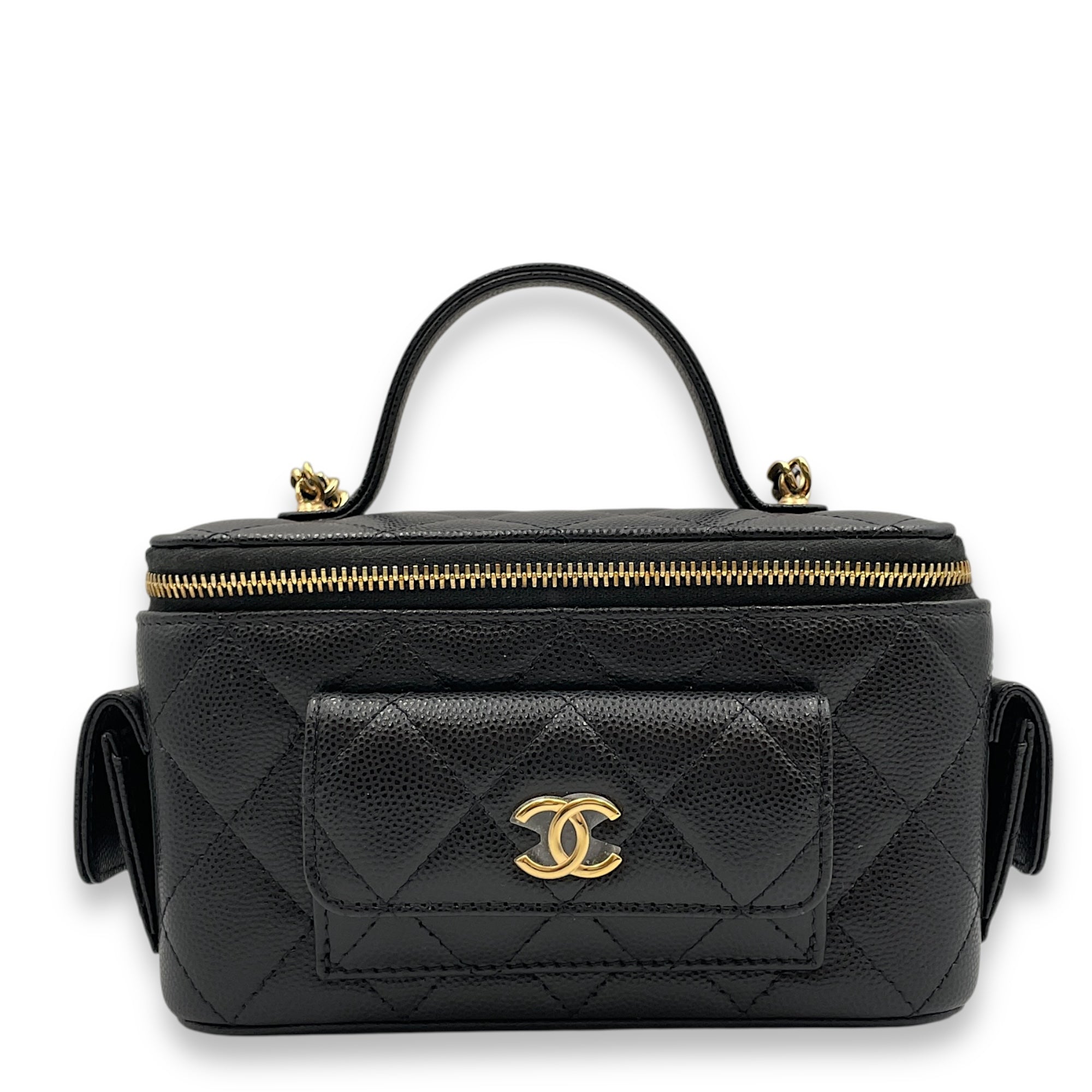 Quilted CC Vanity Black Crossbody Bag in Caviar Leather, Gold hardware