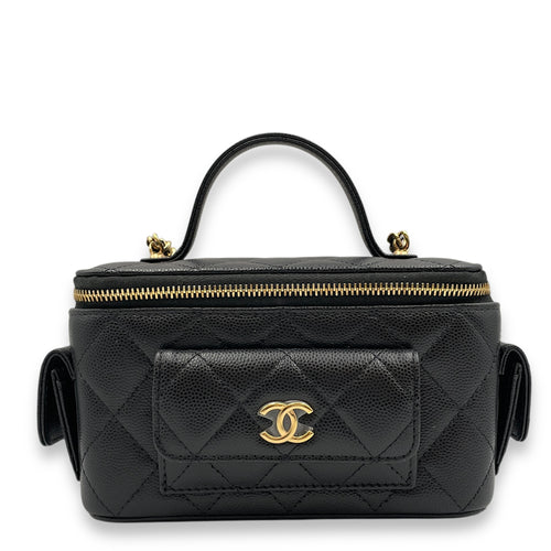 Quilted CC Vanity Black Crossbody Bag in Caviar Leather, Gold hardware
