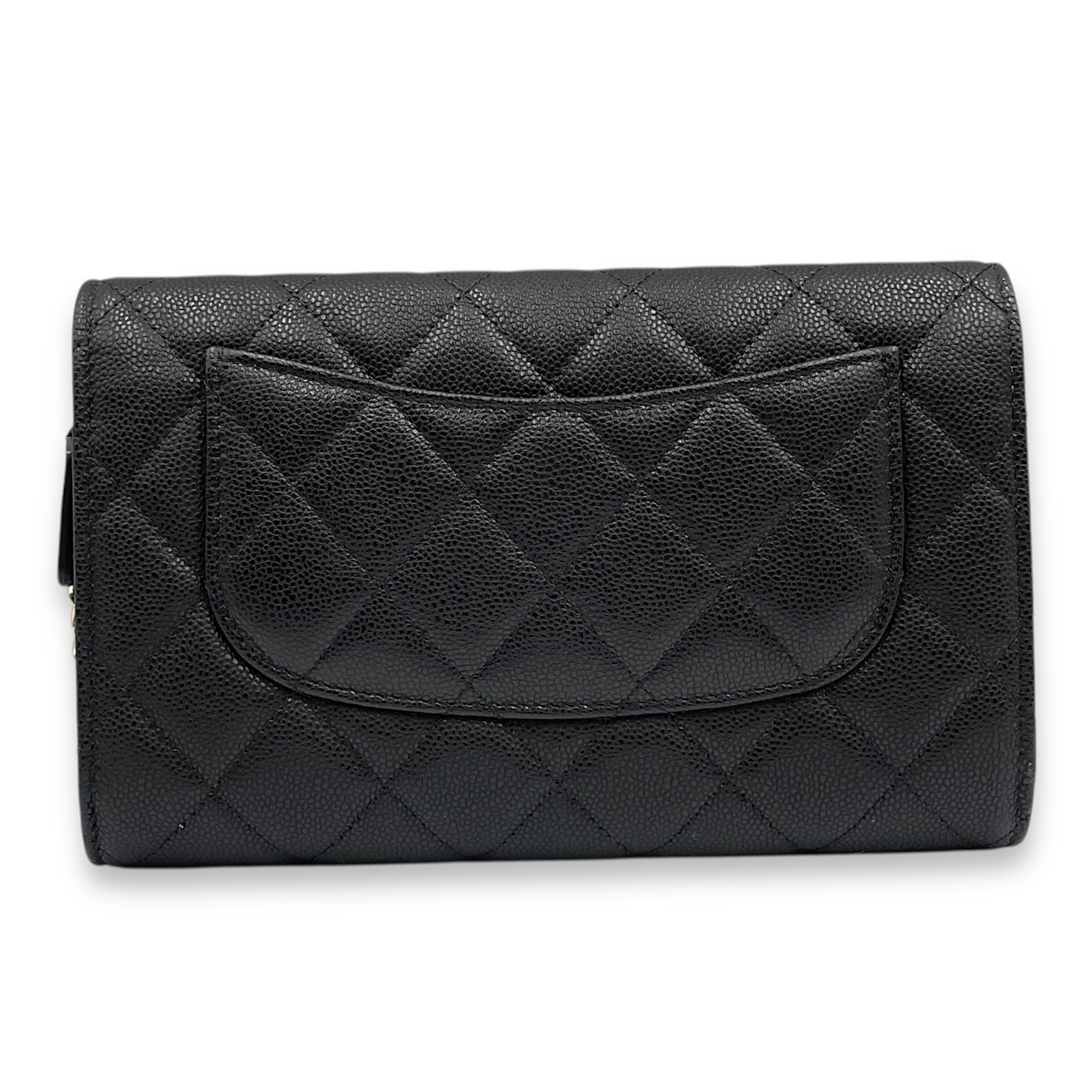 CC long purse & phone holder Black Crossbody Bag in Caviar Leather, Gold hardware