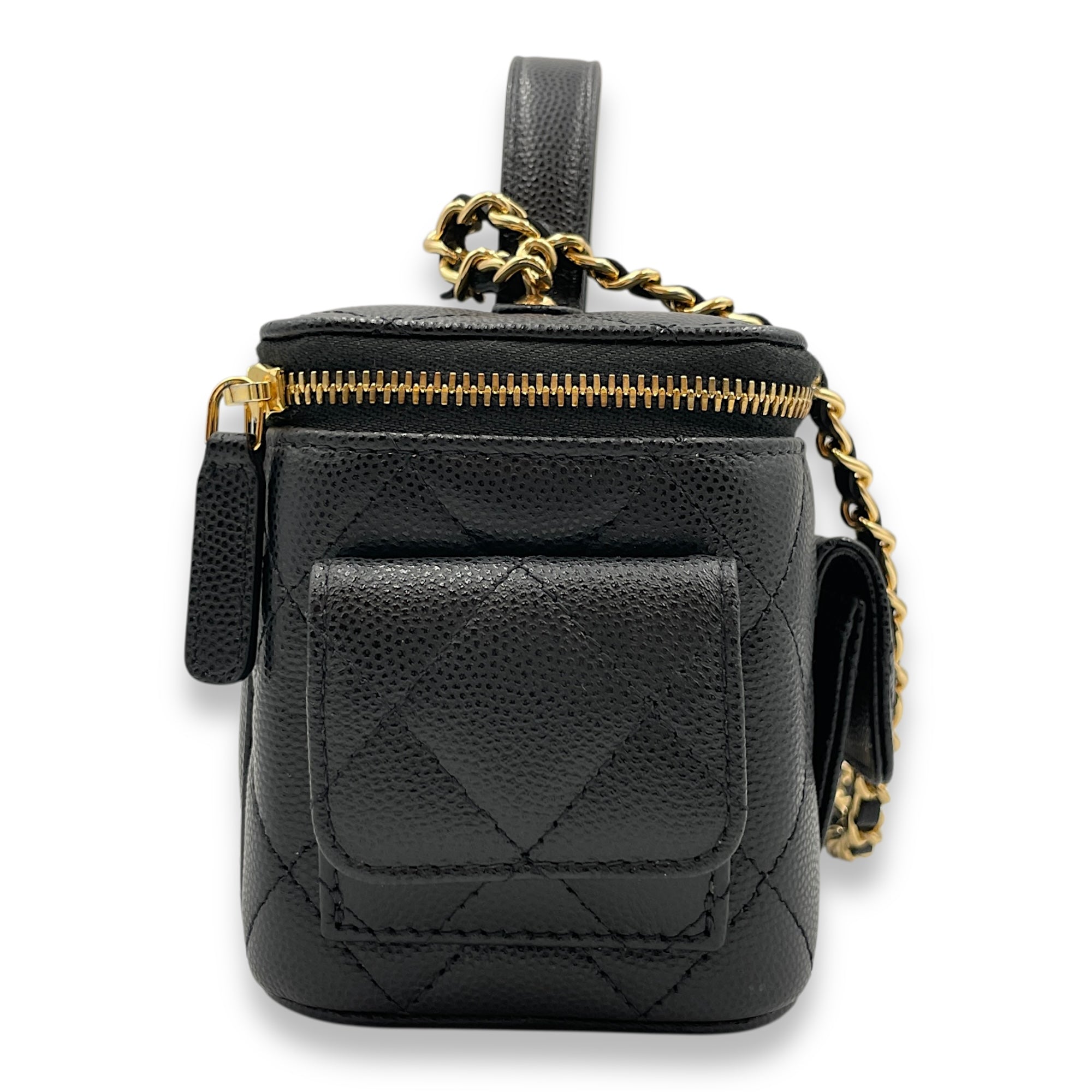 Quilted CC Vanity Black Crossbody Bag in Caviar Leather, Gold hardware