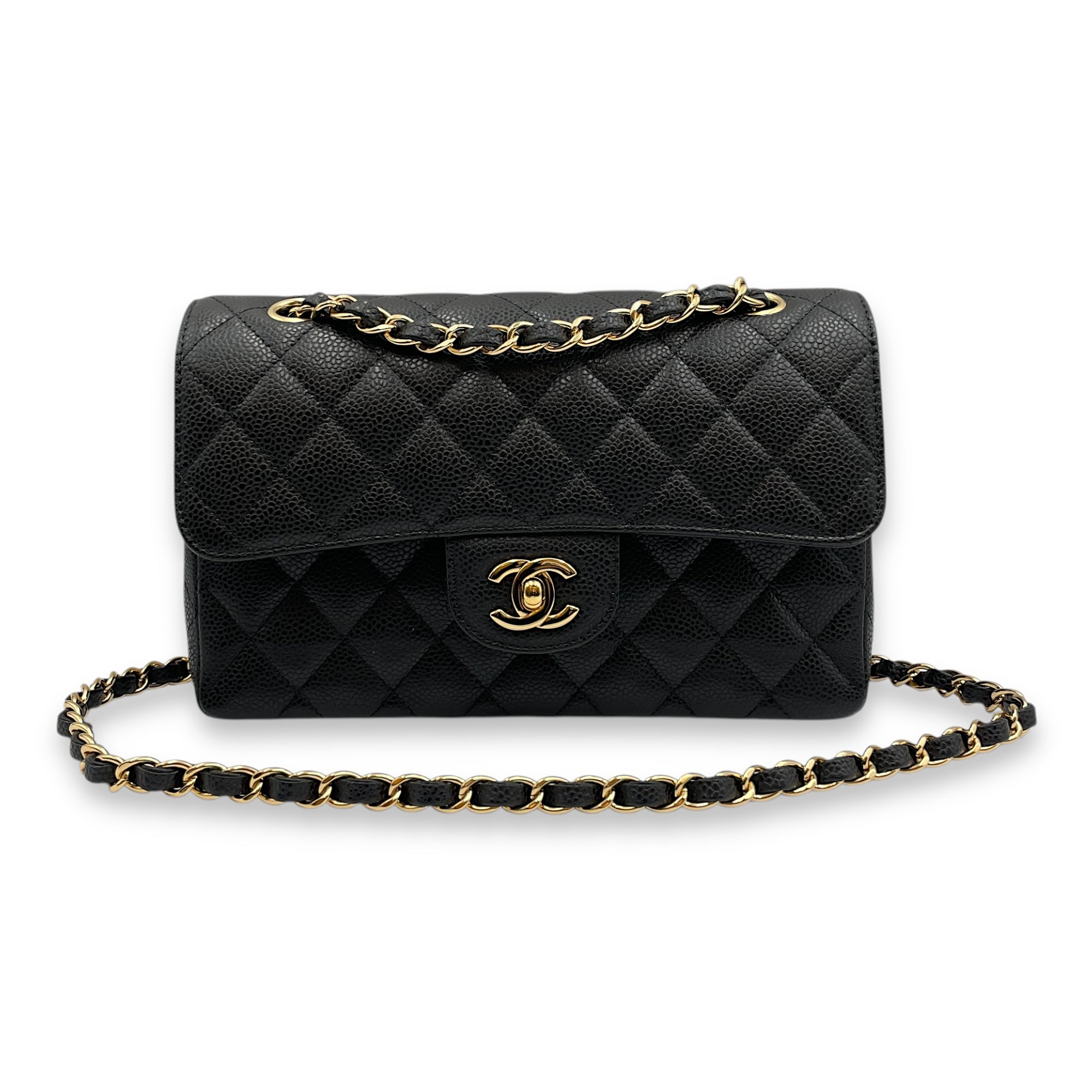 Classic Double Flap Small Black Bag in Caviar Leather, Gold hardware