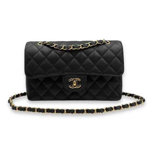 Classic Double Flap Small Black Bag in Caviar Leather, Gold hardware
