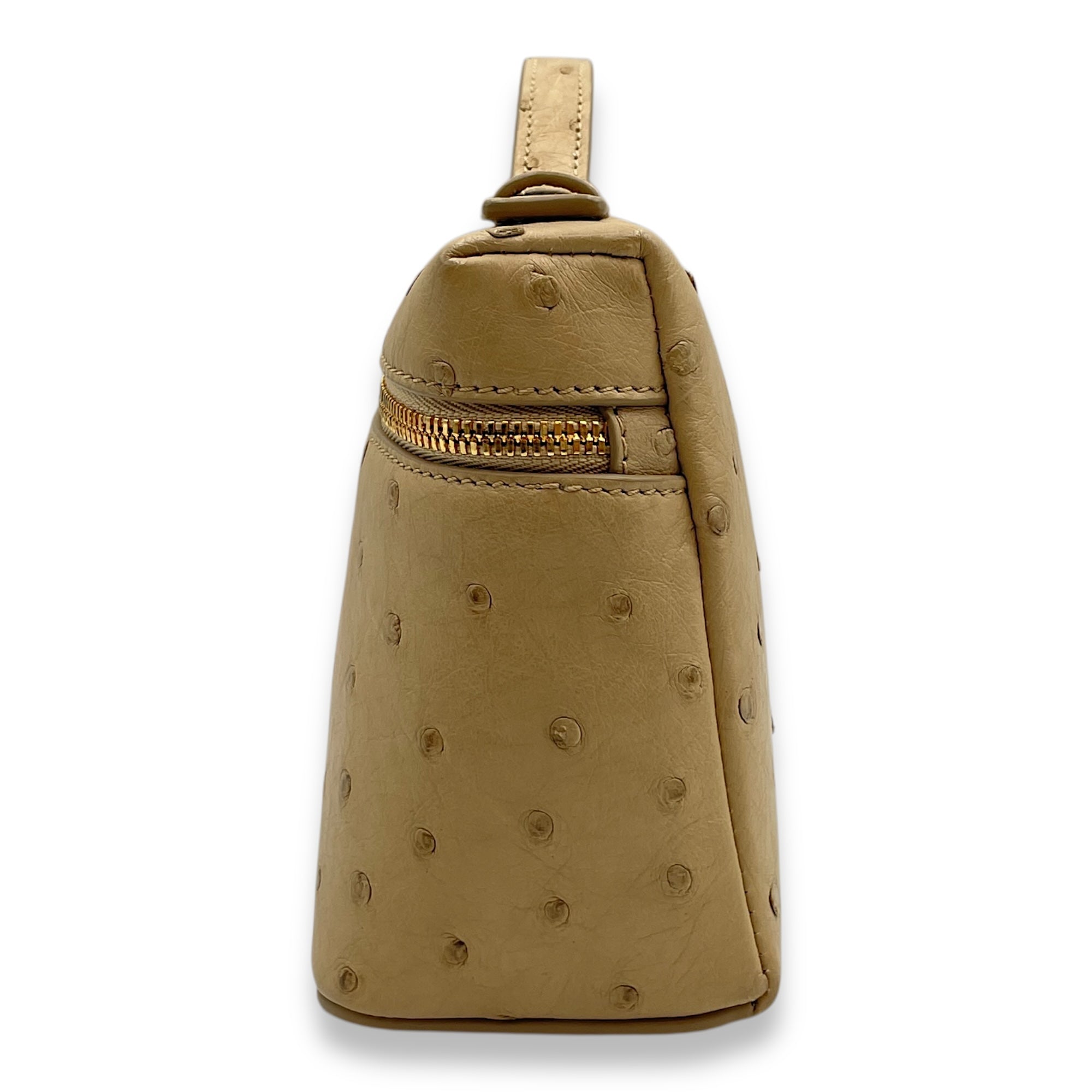Extra Pocket 19 Beige Top Handle Bag in Ostrich, Gold hardware