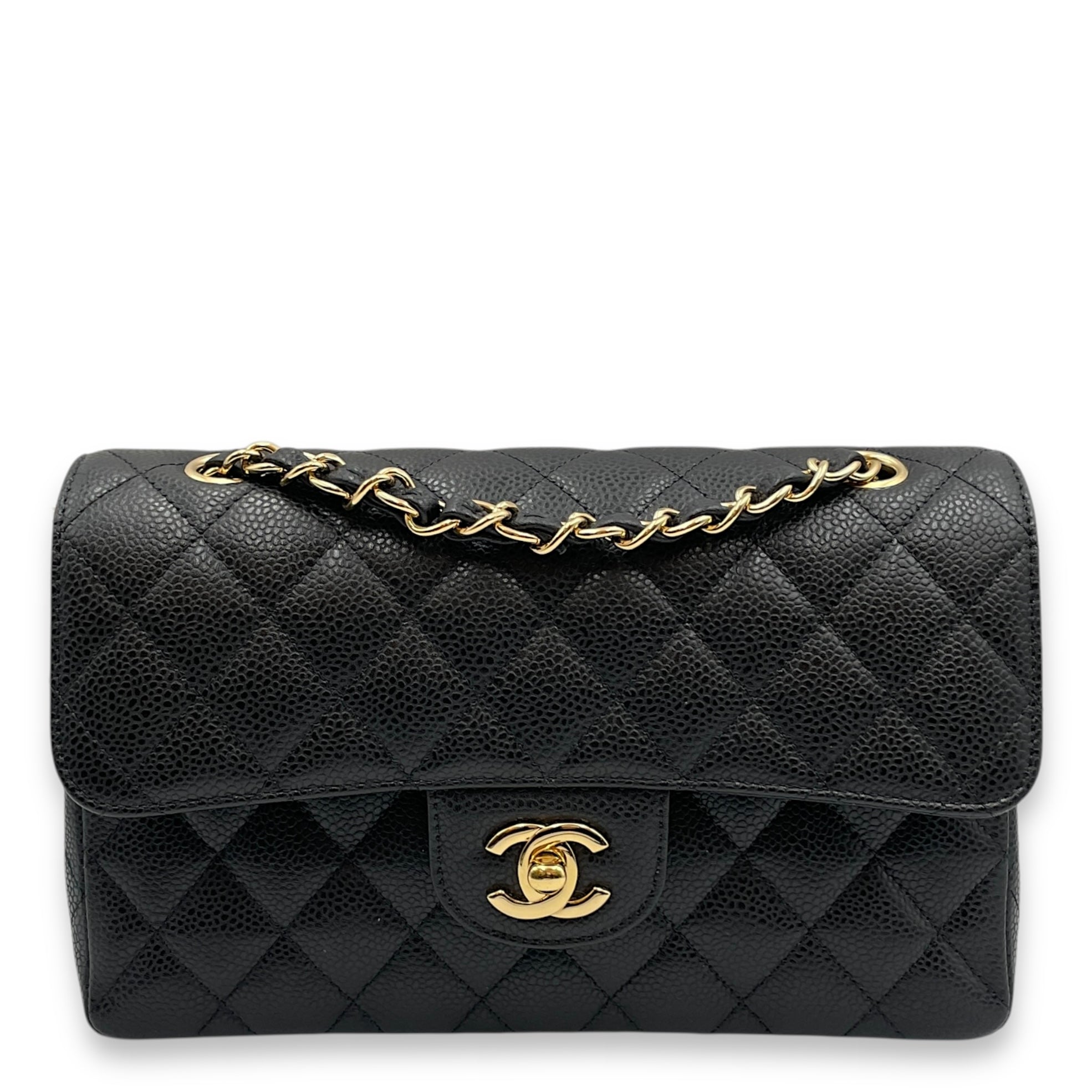 Classic Double Flap Small Black Bag in Caviar Leather, Gold hardware