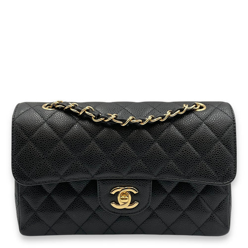 Classic Double Flap Small Black Bag in Caviar Leather, Gold hardware