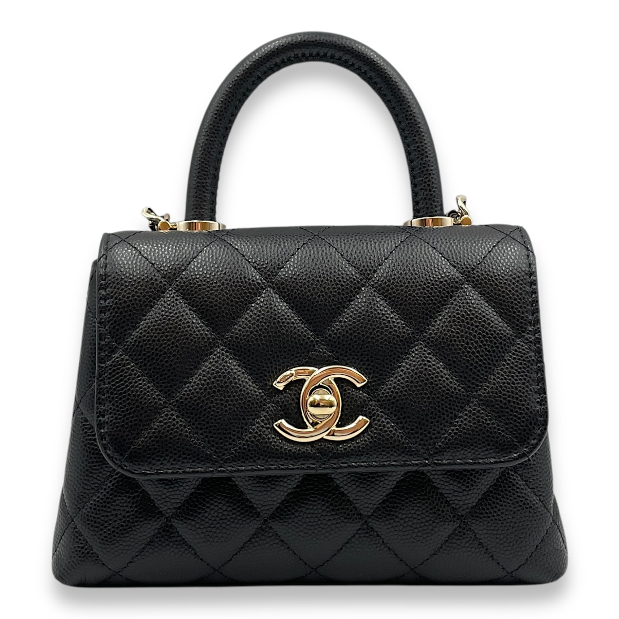 Coco Handle Micro Black Top Handle Bag in Caviar Leather, Gold hardware