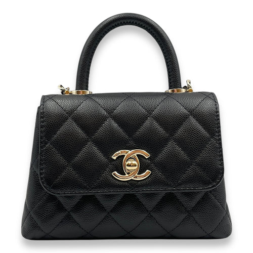 Coco Handle Micro Black Top Handle Bag in Caviar Leather, Gold hardware