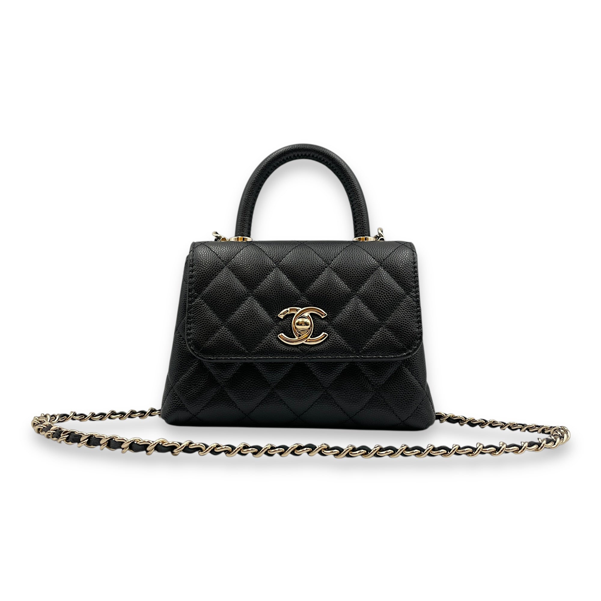 Coco Handle Micro Black Top Handle Bag in Caviar Leather, Gold hardware
