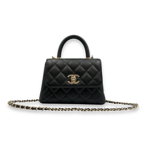 Coco Handle Micro Black Top Handle Bag in Caviar Leather, Gold hardware