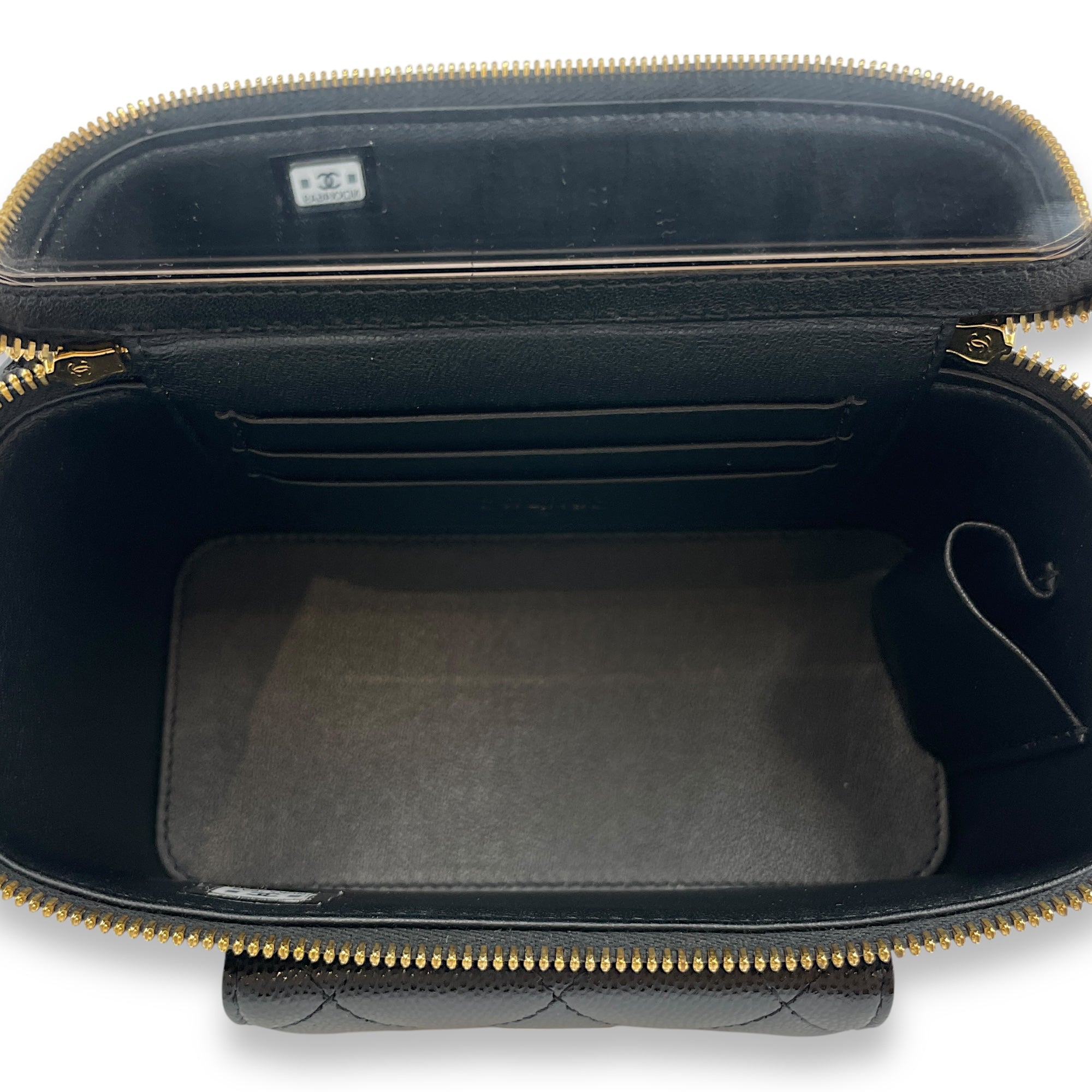 Quilted CC Vanity Black Crossbody Bag in Caviar Leather, Gold hardware