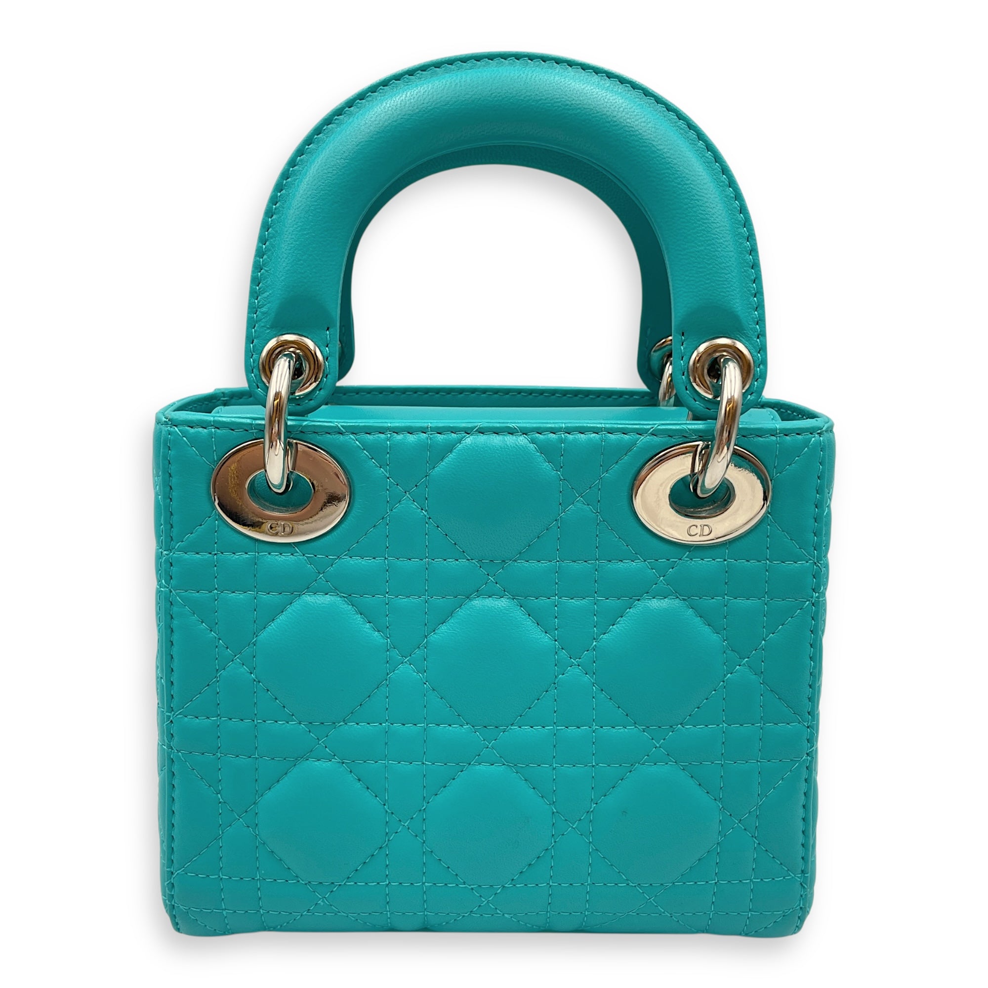 Lady Dior Mini Blue Top Handle in Lambskin, Silver hardware