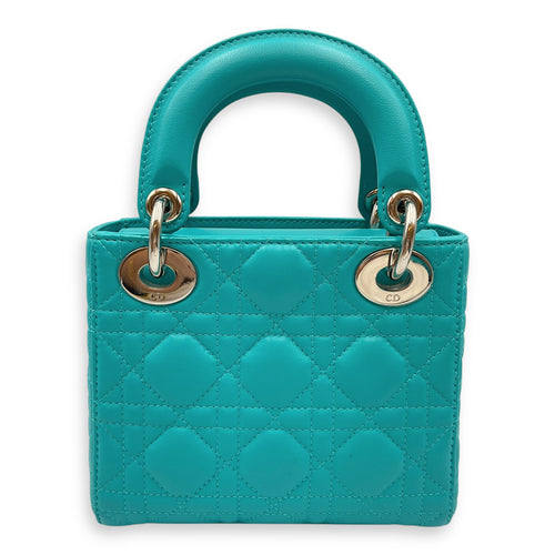 Lady Dior Mini Blue Top Handle in Lambskin, Silver hardware