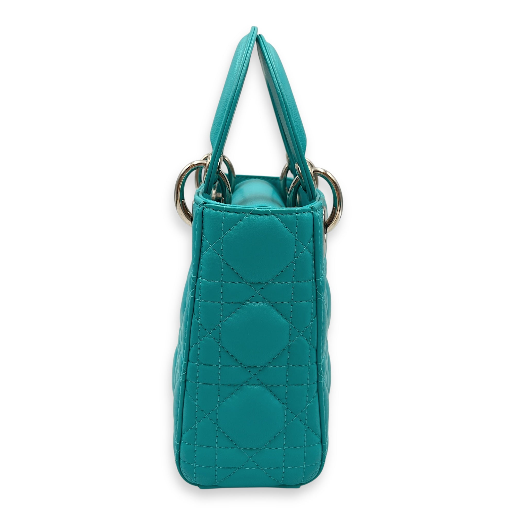 Lady Dior Mini Blue Top Handle in Lambskin, Silver hardware