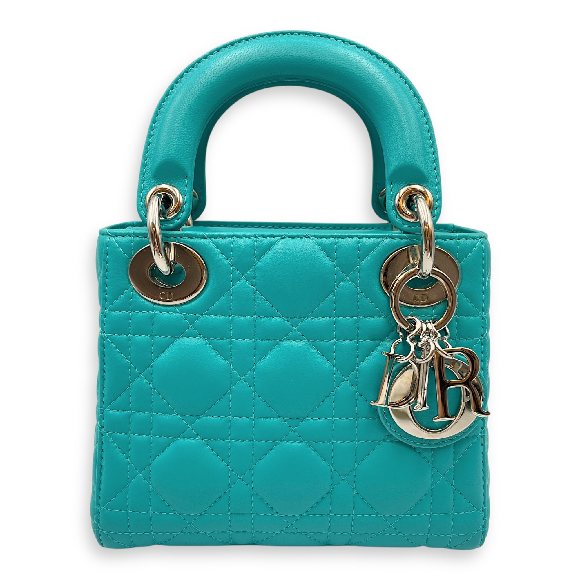 Lady Dior Mini Blue Top Handle in Lambskin, Silver hardware