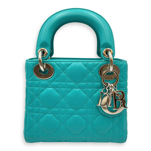 Lady Dior Mini Blue Top Handle in Lambskin, Silver hardware